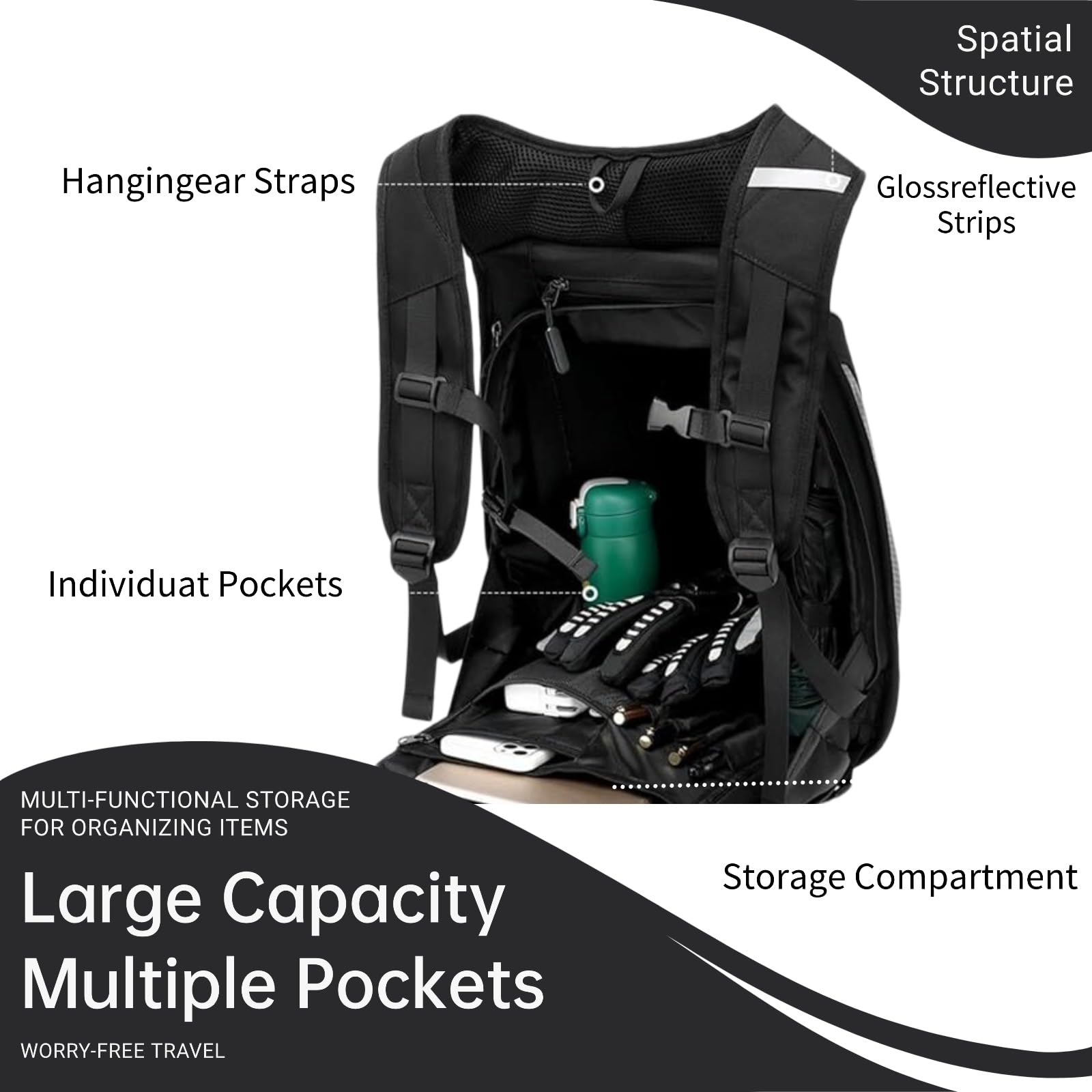 Sac à dos de moto en fibre de carbone, étanche, grande capacité, Conception avec bande réfléchissante, avec coque rigide, élégant, noir, 37 * 20 * 56cm