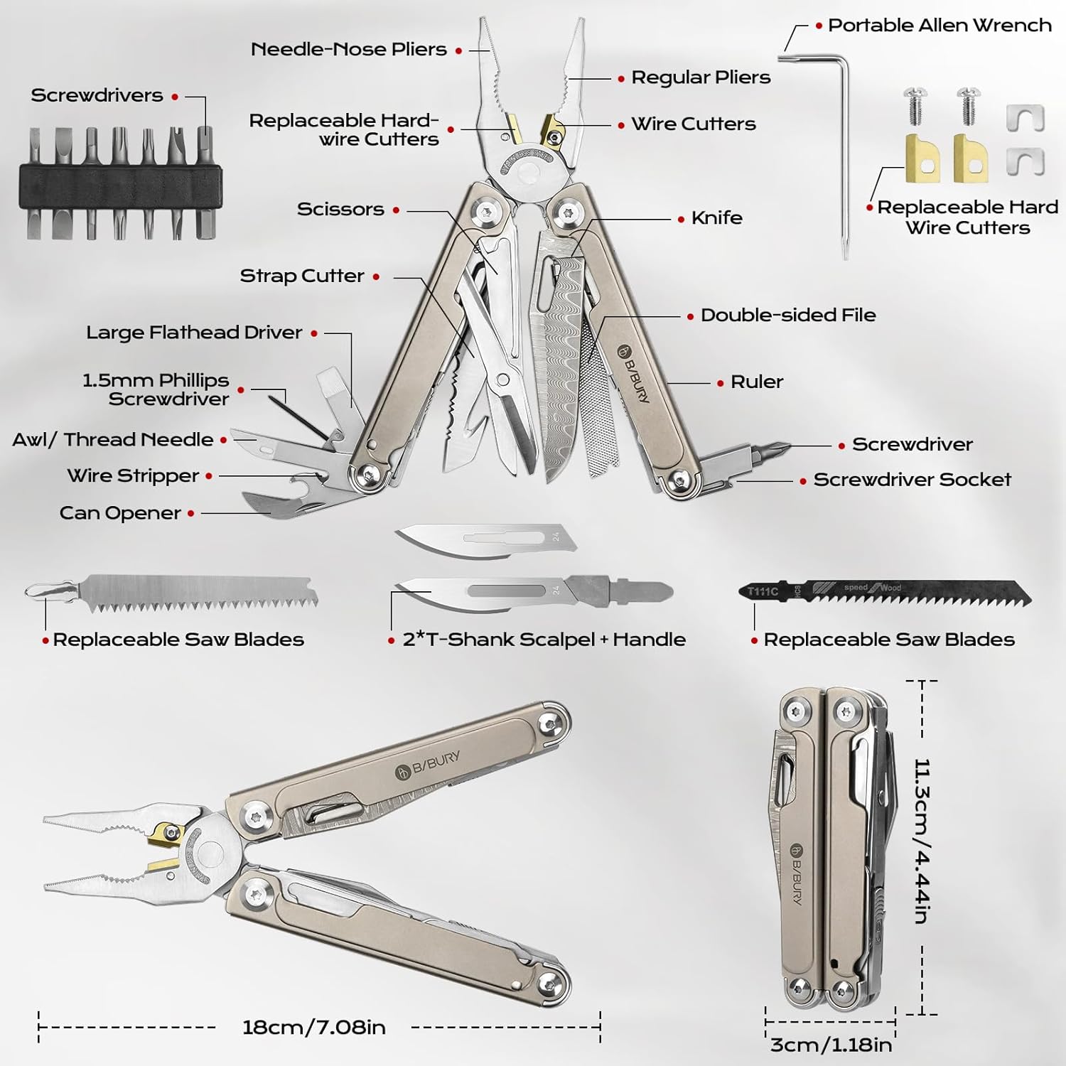 BIBURY Titanium Alloy Multitool Kit, BI2049TI with Damascus Knife, BI2048DT with Belt Clip, EDC Multi tools for men, Valentines Day Gifts for Him