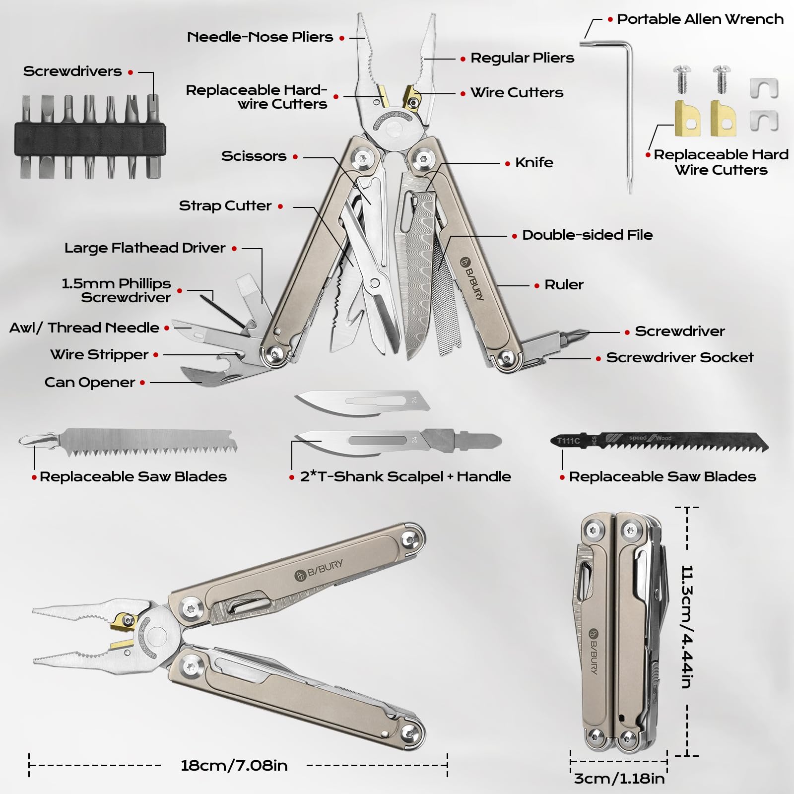BIBURY Multiherramienta Titanio y Acero Damasco - Alicates Multiusos con Navaja Supervivencia, Tijeras, Sierra Intercambiable y Puntas - EDC Multitool para Camping, Reparar y Regalo Hombre BI2049TI