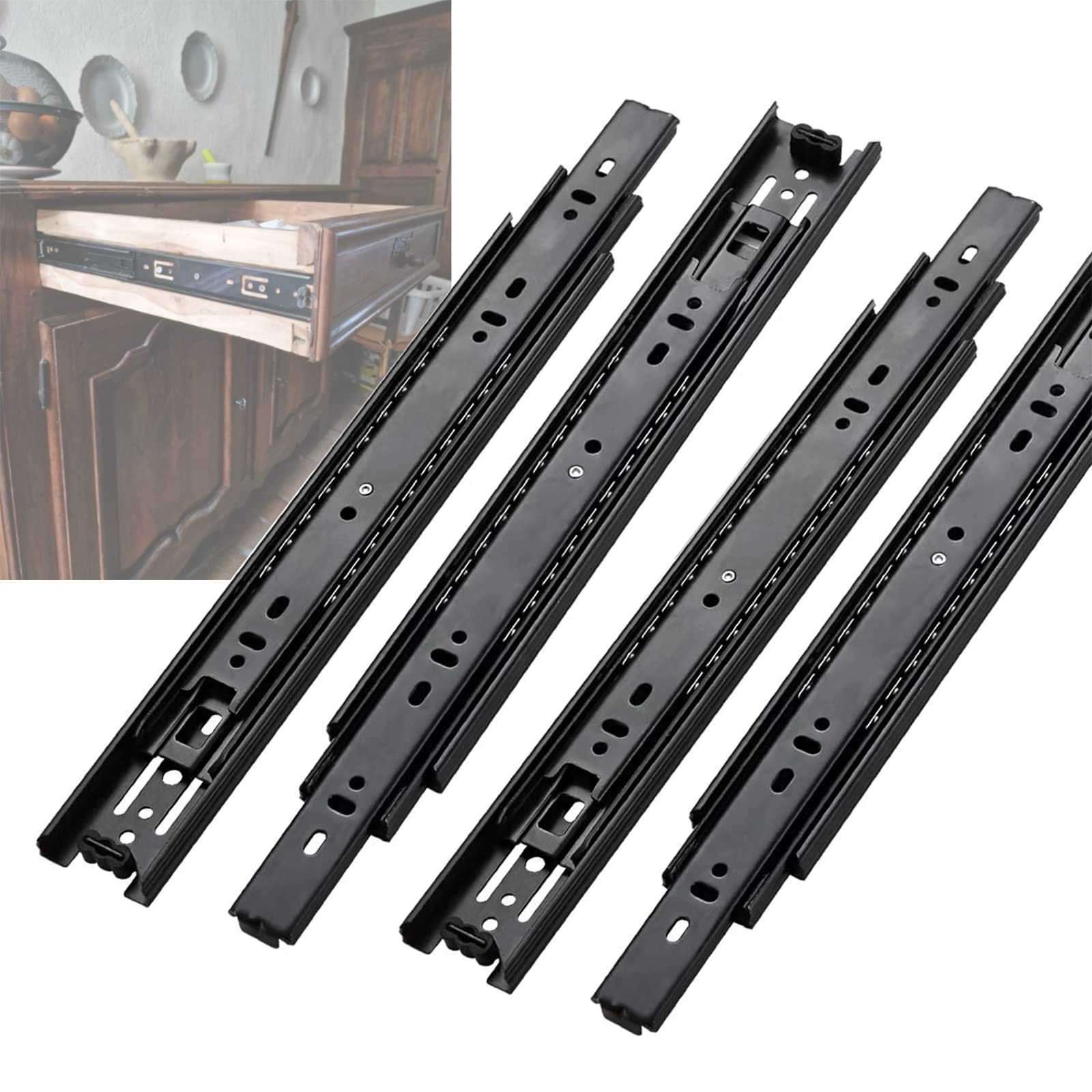 Coulisses de tiroir V3VOGUE en métal noir antirouille | Lot de 4 rails de guidage fluides