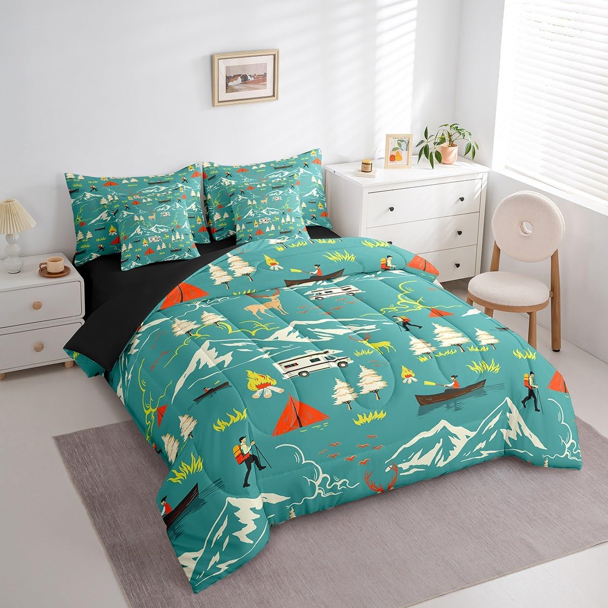 Erosebridal Kids Camping 7 Piece Comforter Set Twin Bed in a Bag,Farmhouse Camper Car Bedding Set,Deer Wild Animals Bed Sheets,Mountain Adventure Sheet Set,Firemen Woodland Duvet Insert,Green