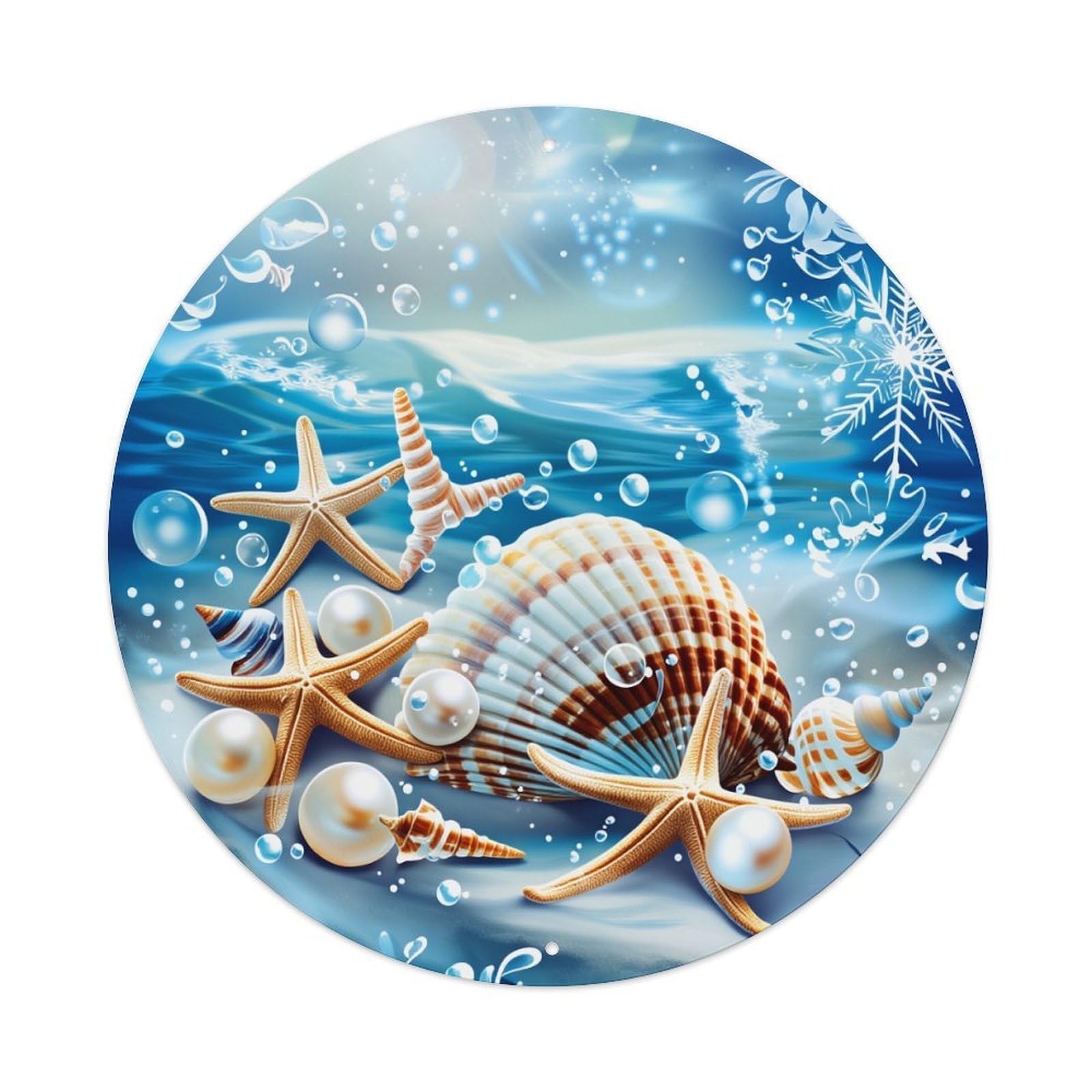 Ocean Waves Starfish Pearls Snowflakes Round Tin Sign Vintage Metal Poster, Home Bar Garage Man Cave Cafe Indoor & Outdoor Wall Decoration 8x8Inches