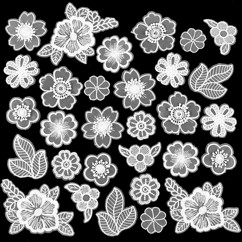 GORGECRAFT 1 Box 30Pcs 10 Styles Flower Lace Applique Embroidery Floral Leaf Sew on Patches Embellishments Fabric Repair Patch for Wedding Bridal Dress Clothes Hat Hair Ornaments Sewing Crafts White