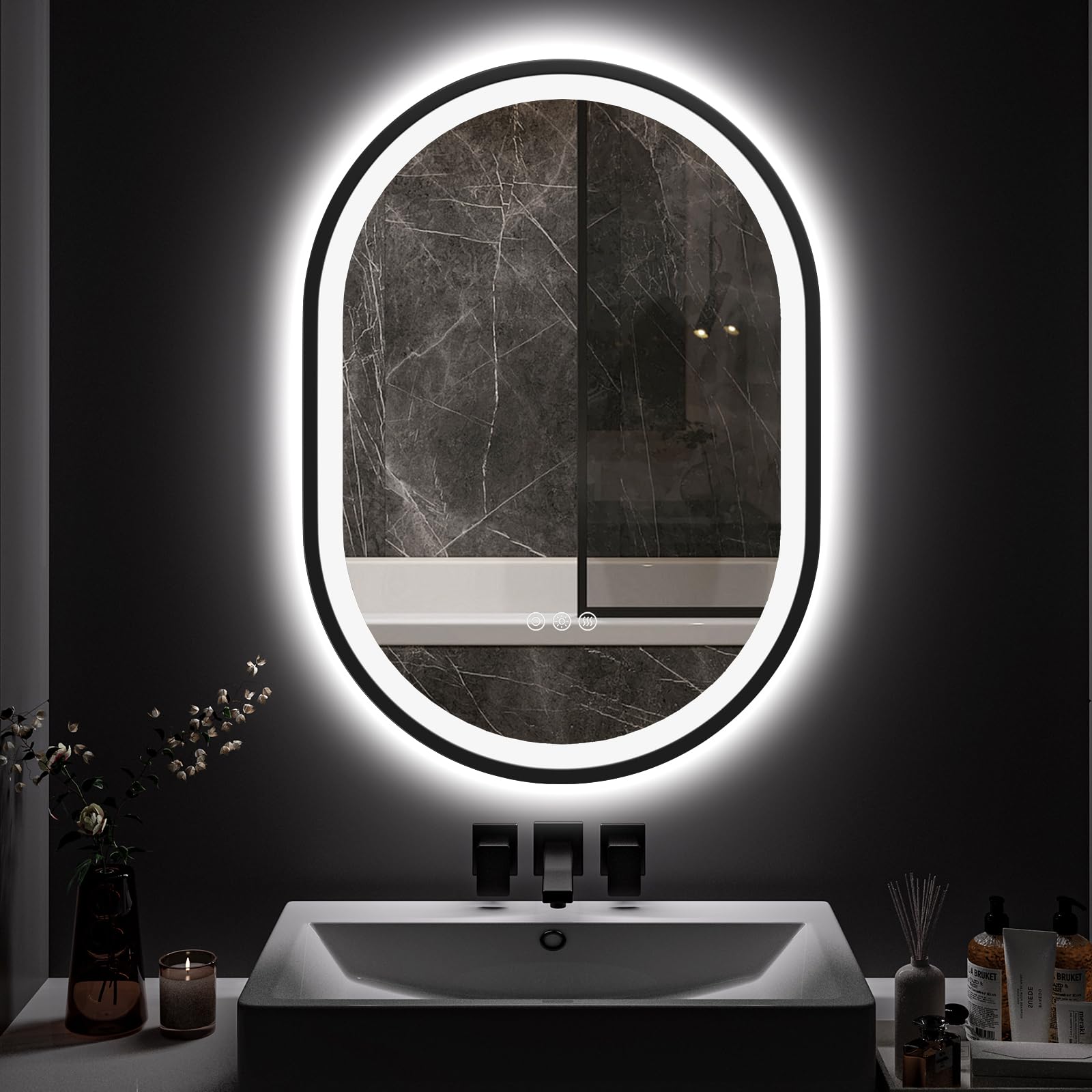 ChillCruiser Espejo de baño ovalado LED con marco, 600 x 800 mm, antivaho, regulable, espejo de baño con luces LED, espejo de baño montado en la pared, 3 colores, memoria, marco negro