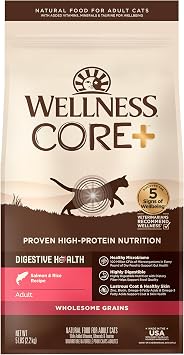 Wellness CORE+ Digestive Health Adult Dry Cat Food, Natural, Wholesome Grains Kibble, Salmon and Rice Recipe, 5 lb Bag