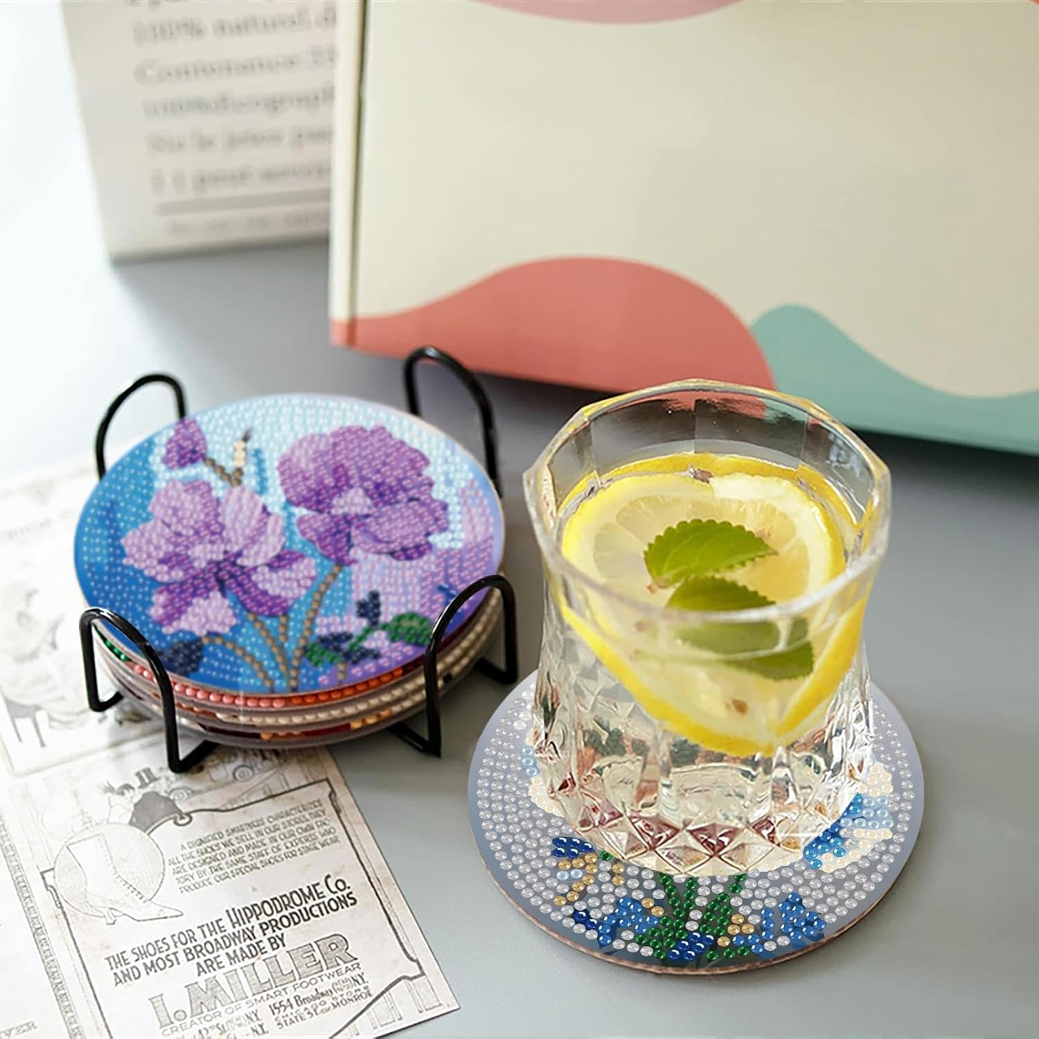8 Pcs Flower Diamond Art Coasters Kit with Holder, Diamond Art Kits for Adults Beginners, Small Floral Diamond Painting Coasters, Diamond Art Coasters Kits for Beginners for Women image 3