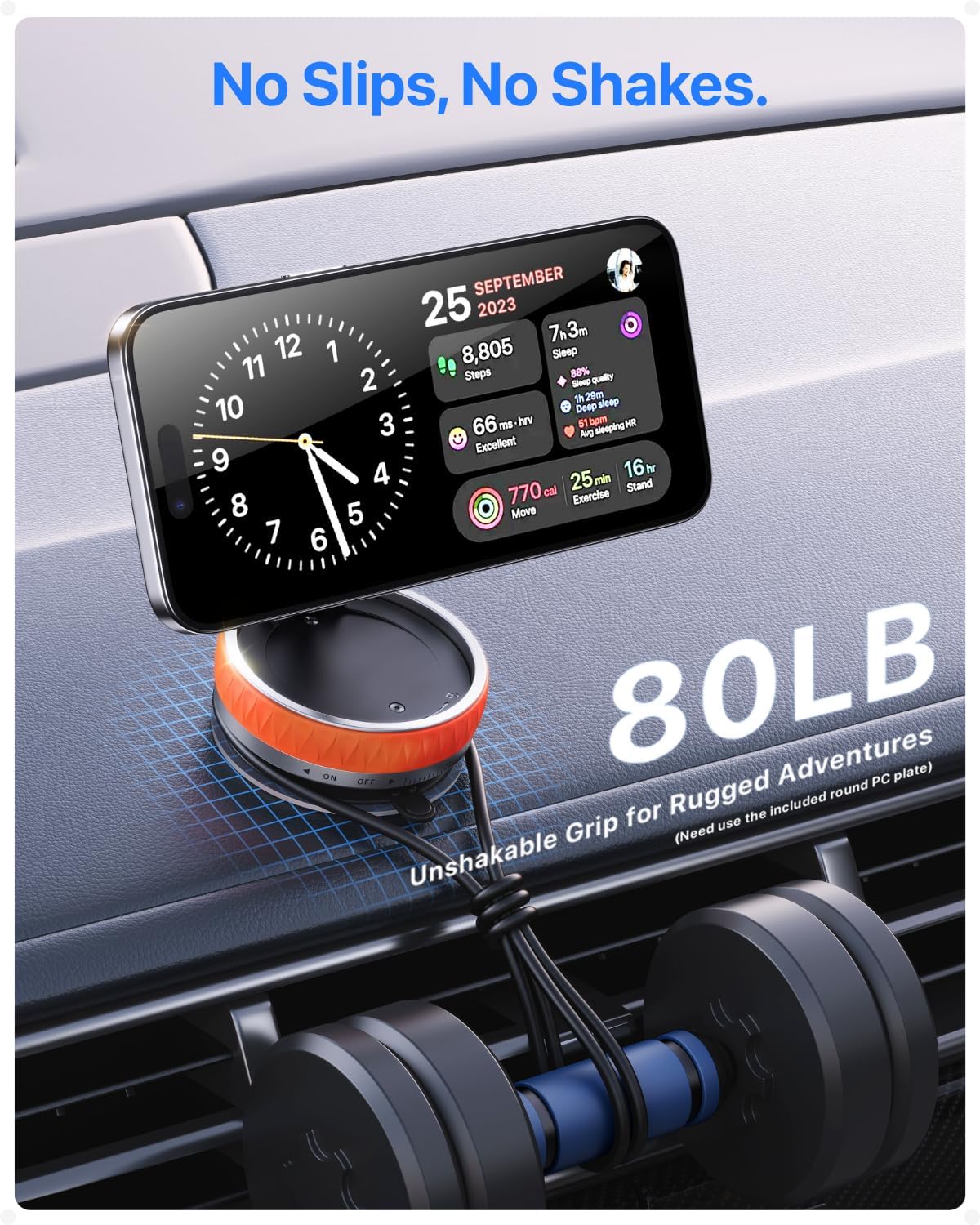 Image showing a phone securely mounted on the holder in a car, with text 'No Slips, No Shakes' and 'Unshakable Grip for Rugged Adventures'.