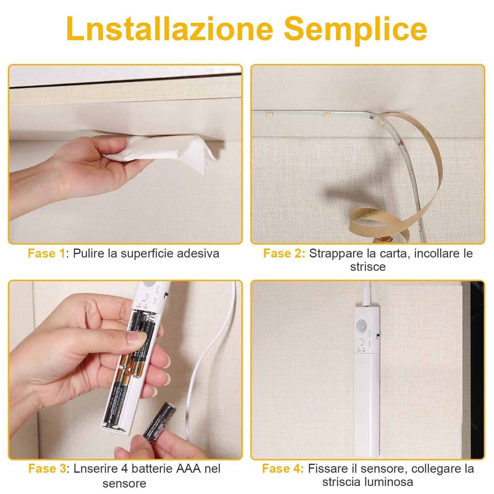 UNIKS 1.5M 45LED Luce Armadio Striscia LED Striscia a Batteria con Sensore di Movimento. 3000K Bianco Caldo Luce Notturna per Camera da letto, Guardaroba, Corridoio e scale.