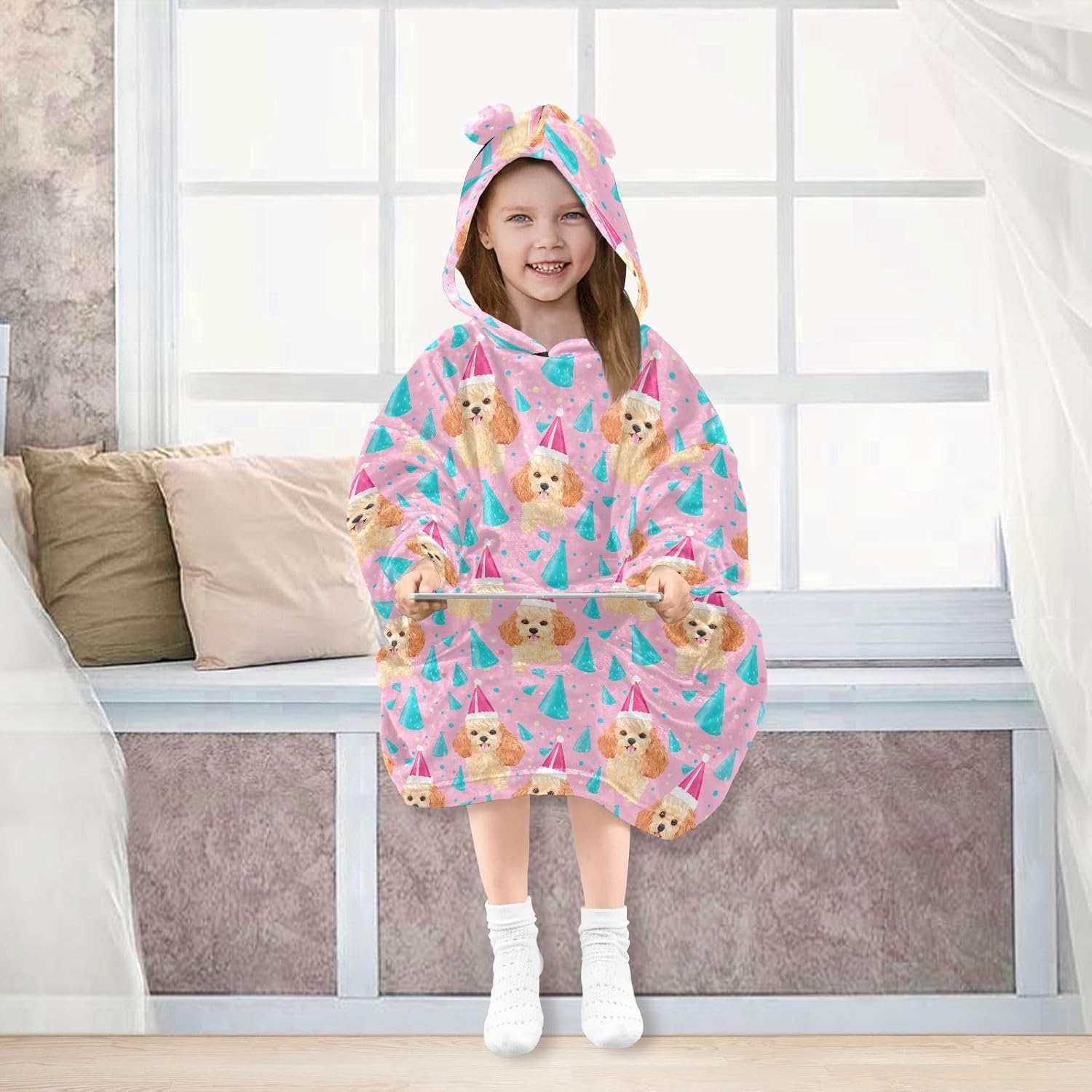 Birthday Dog Wearable Blankets for Kids, Soft Warm Cozy Blanket Hoodie for Boys Girls with Pocket