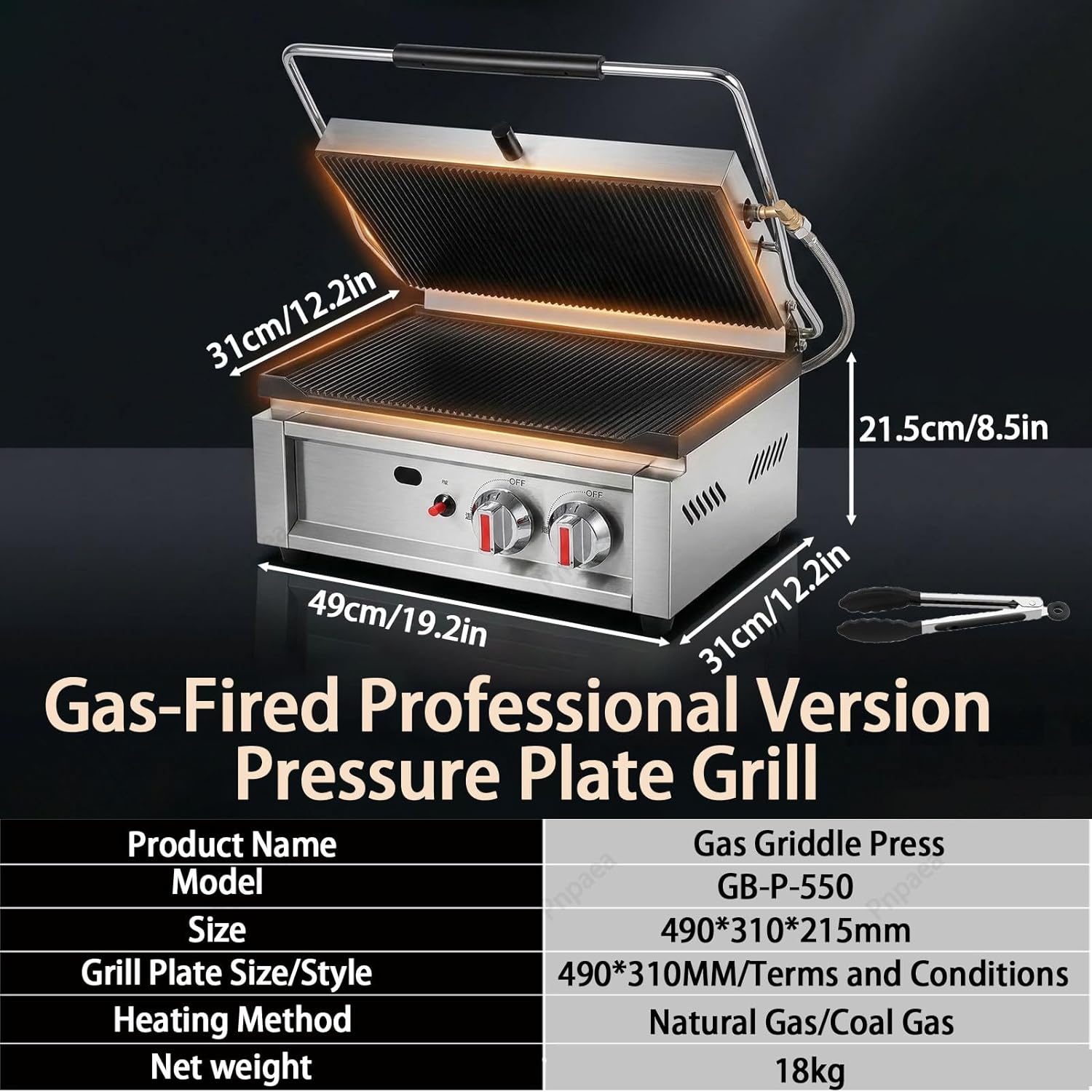 Commercial Dual Head Panini Grill, 3000W Electric Sandwich Panini Maker,50-300℃,Stainless Steel Sandwich Press Grill,for Catering, Restaurant GasHeating