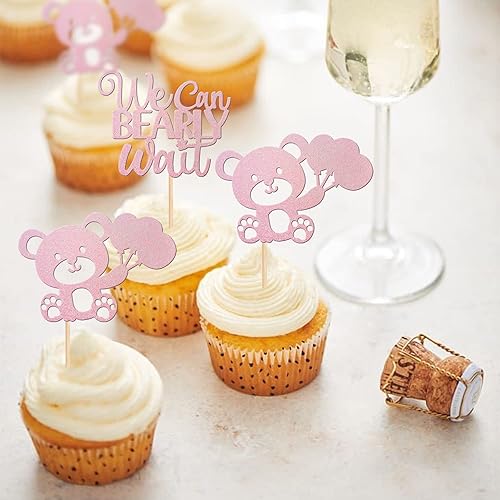 Miniatura 3 de 24 piezas de decoración para cupcakes con la frase "We Can Bearly Wait" con purpurina para globos de oso para cupcakes, decoración de pasteles para