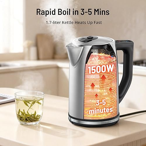 Miniatura 6 de Control de temperatura de hervidor eléctrico, hervidor eléctrico de 1.7 L con 6 ajustes de temperatura, calentador de caldera de agua caliente
