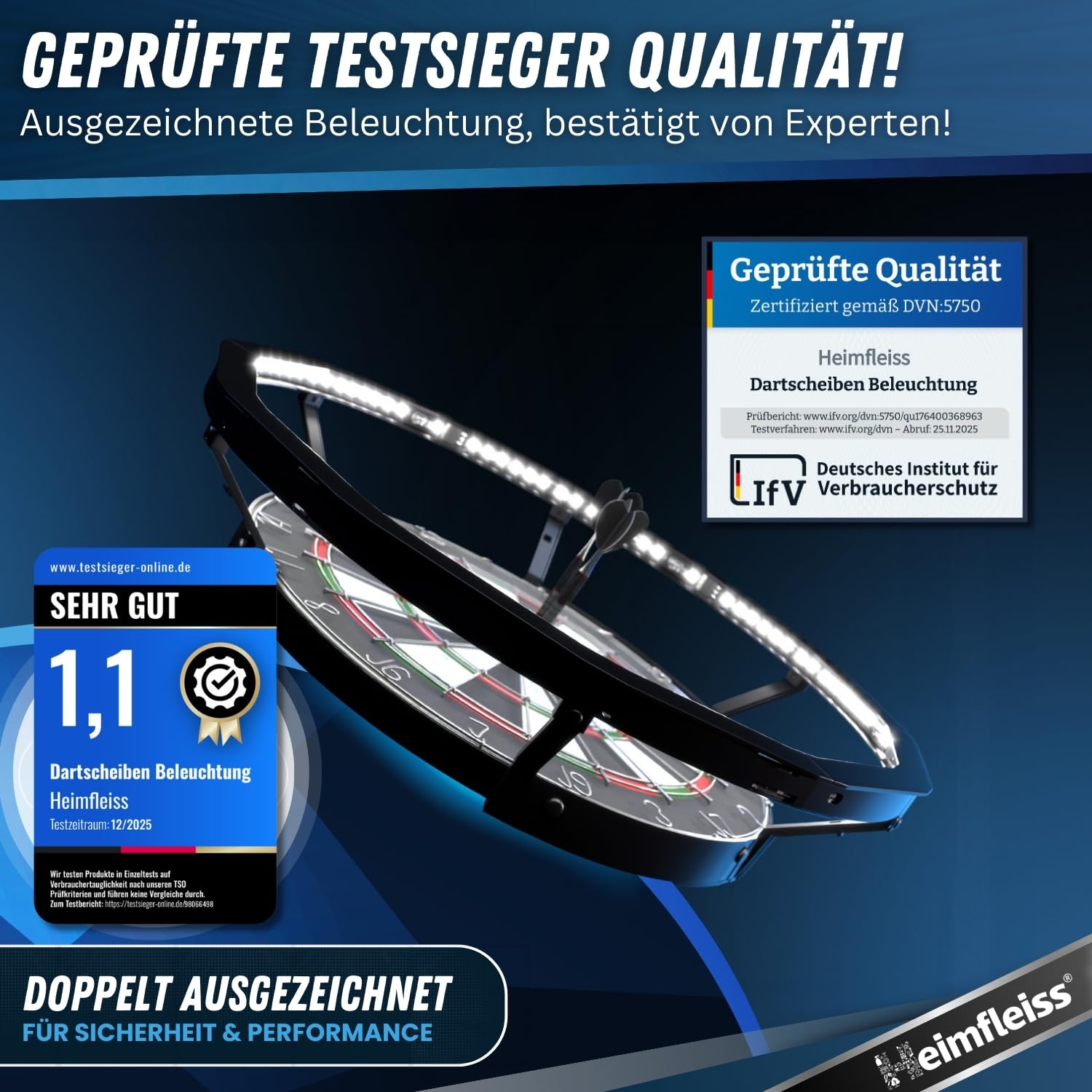 Heimfleiss® 360° Dart Beleuchtung | Blendfreie Dartscheibe Beleuchtung mit Ultra-Light-LEDs | Dart Lichtring + Schaft Entferner & Spitzer | Dartboard Beleuchtung | LED Darts Licht