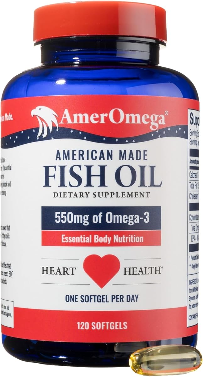 AmerOmega Aceite de pescado omega-3 550 mg, 120 porciones: abadejo de Alaska capturado en la naturaleza, en forma de triglicéridos, soporte asequible para el corazón, el cerebro y las articulaciones, probado por terceros, fácil de tragar, sin eructos a pescado. Fabricado en Estados Unidos.