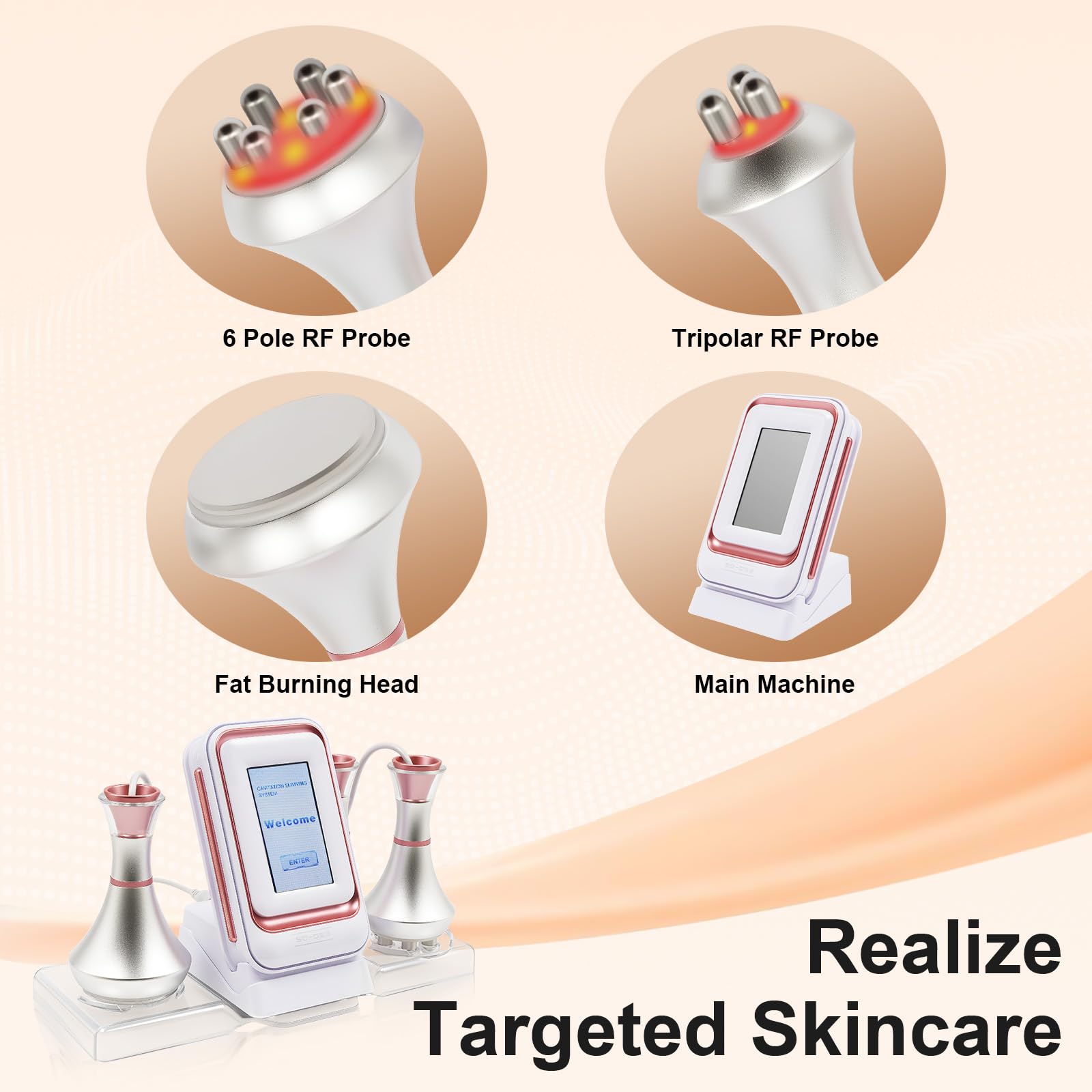 Dispositivo radiofrequenza RF 3 in 1 professionale contro cellulite e grasso, modellatura del corpo e tonificazione della pelle per viso e corpo, con 3 inserti + funzione di raffreddamento