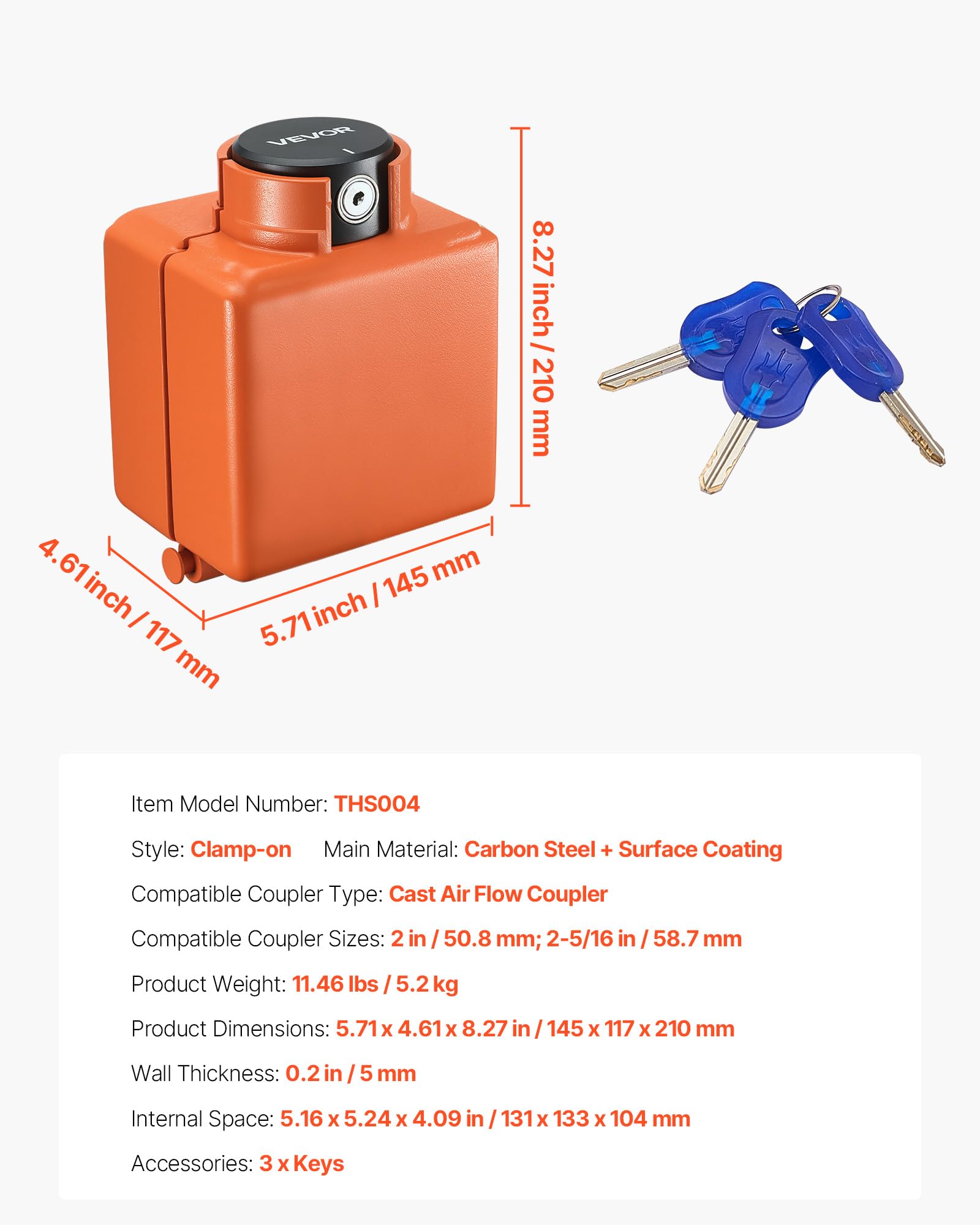VEVOR Bloqueo de Enganche de Remolque Compatible con Acoplador de Flujo de Aire Fundido de 50,6 y 58,6 mm con 3 Llaves para Asegurar Cadenas de Seguridad Resistente a Corrosión para Remolques de RV