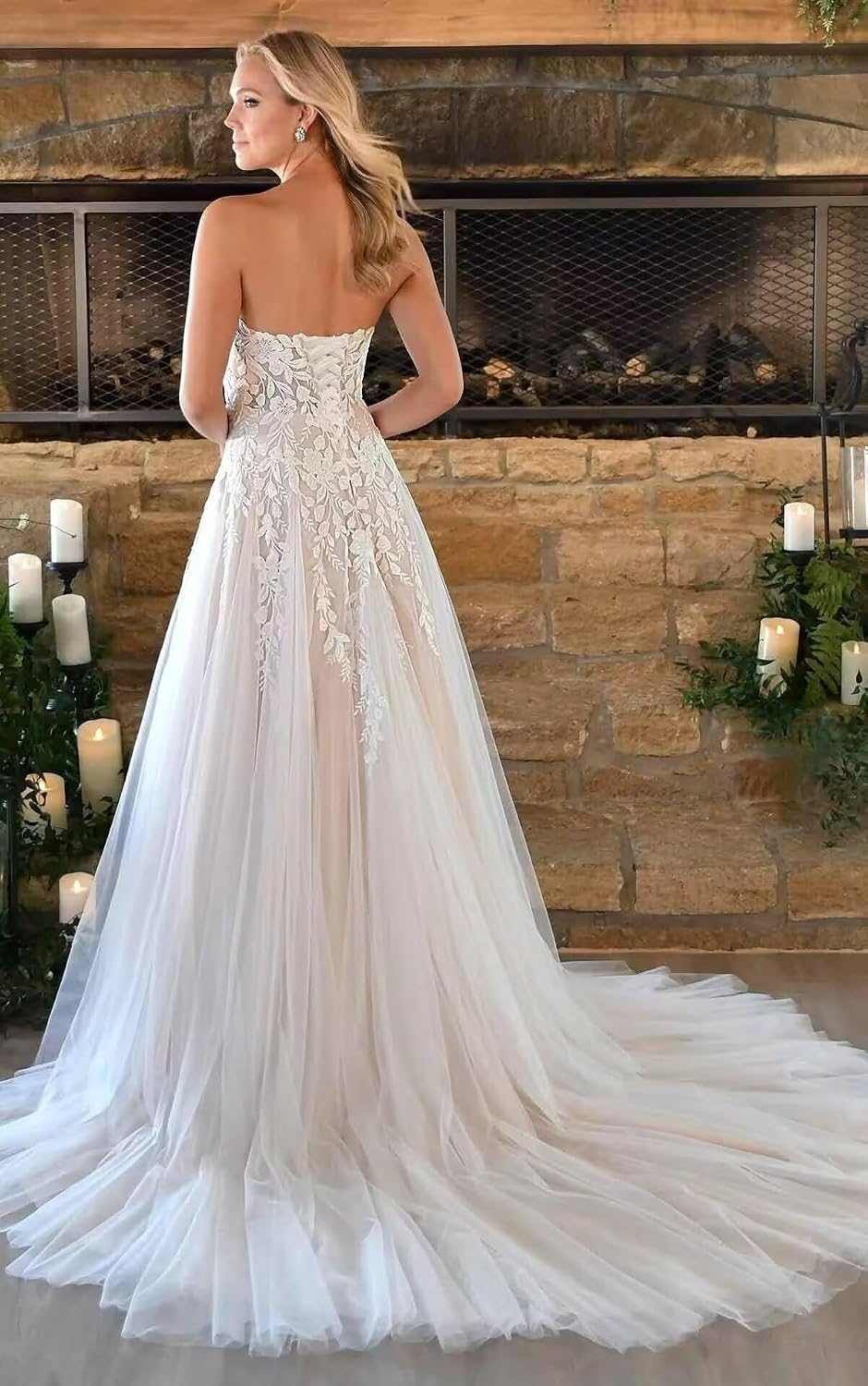 GATMAHE Lace Wedding Dresses for Bride Off The Shoulder Applique Tulle Open Back V-Neck Boho Bridal Dress with Slit
