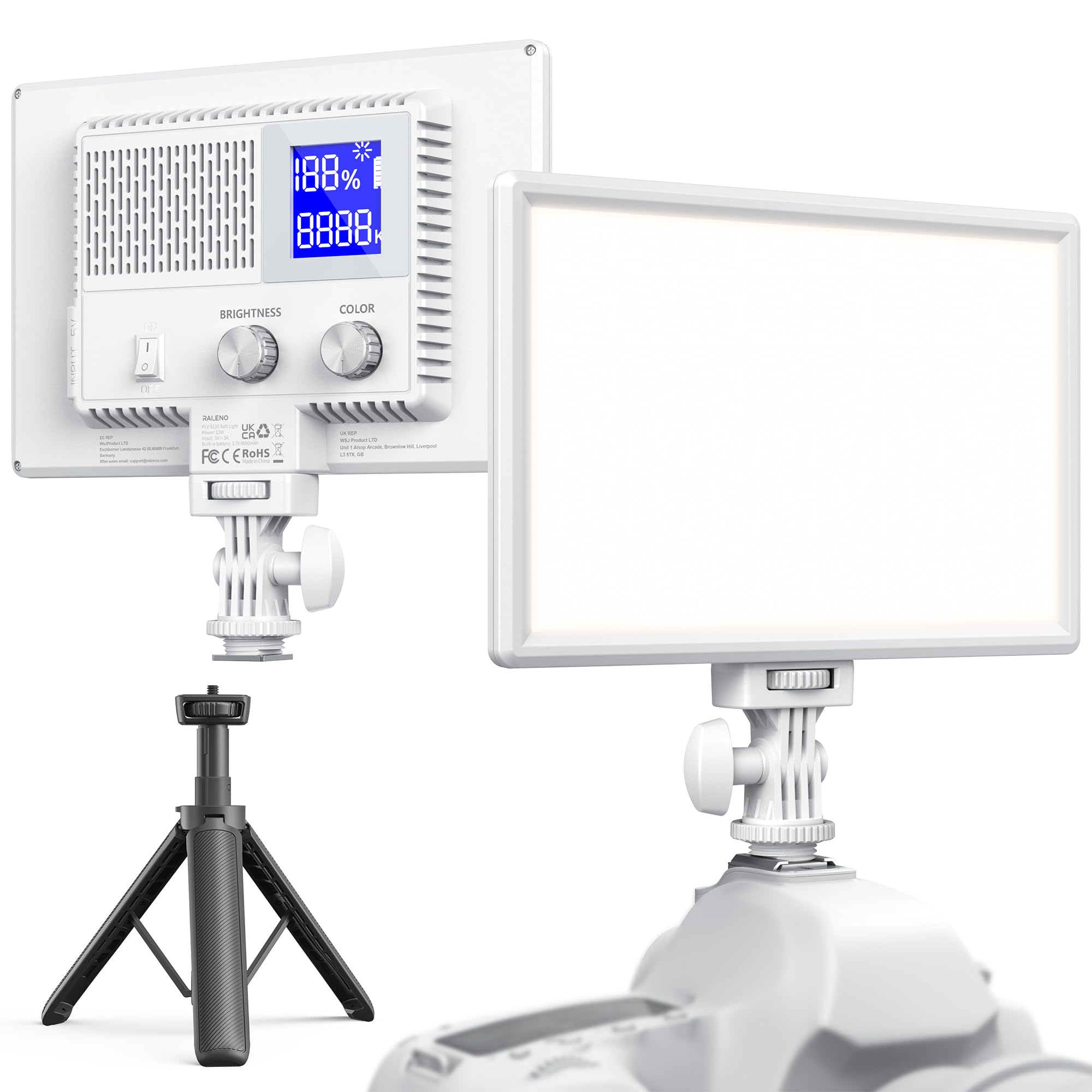RALENO 116 LED Cámara de vídeo de 12 W 600 Lux con Mini trípode y batería incorporada de 4000 mAh CRI95+ 3200-5600K, luz de vídeo USB para Youtube, TikTok Zoom, fotografía, conferencias, transmisión
