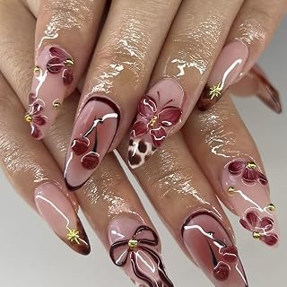 24Pcs Flower Press on Nails Long French Fake Nails French Tips Glue on Nails Nude Red Floral Butterfly Bow Cherry with Gold Charms Design Glossy Full Cover False Nails for Women Decor Nail Art