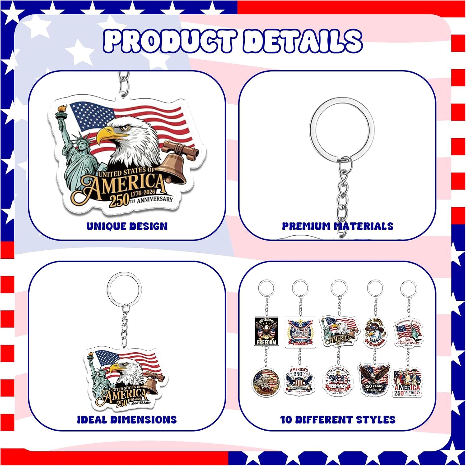 100 Pcs USA 250th Anniversary Keychains Bulk America 250 Years Merchandise 1776-2026 Acrylic Keychain Patriotic Commemorative Gifts for 4th of July Party Favors Independence Day Souvenir Accessories