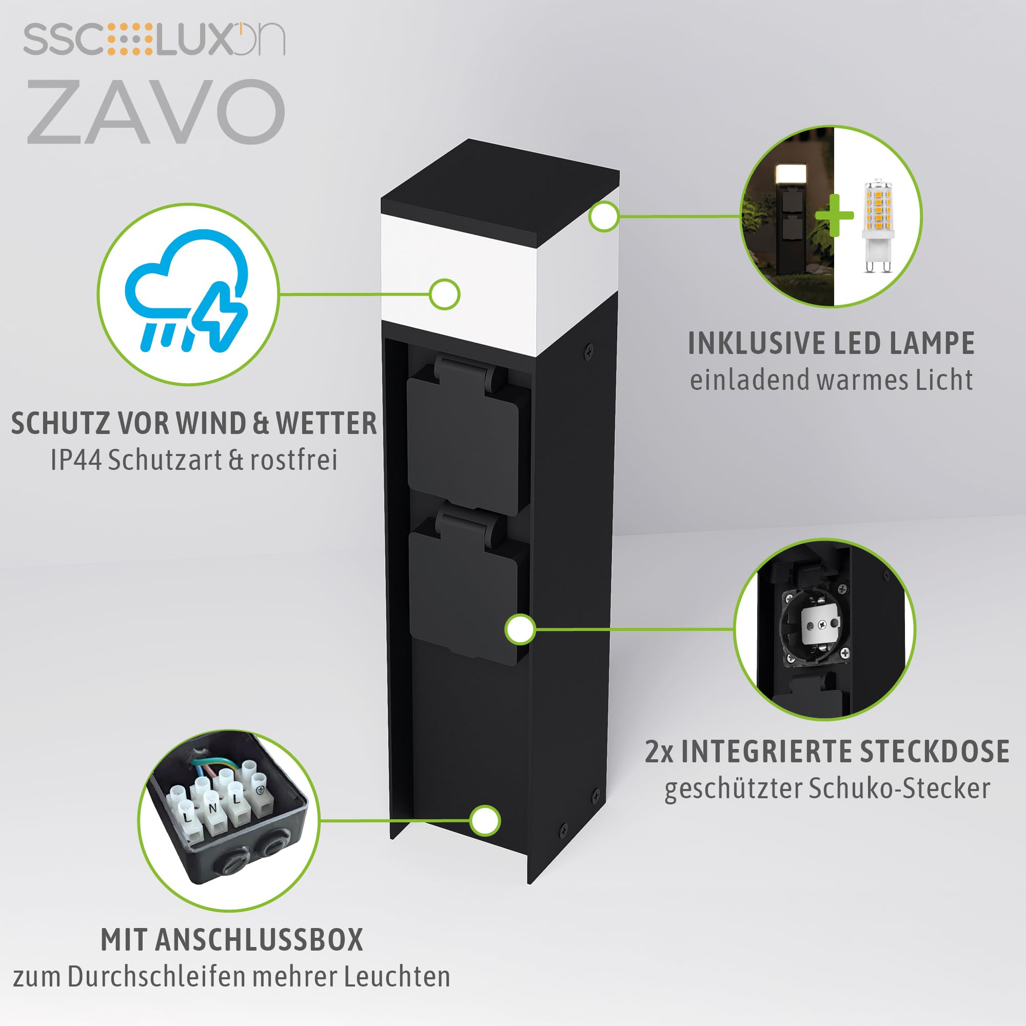 SSC-LUXon ZAVO Energiesäule schwarz IP44 inkl. LED G9 3W warmweiß und 2 Schuko-Steckdosen wetterfeste Energiesäule Gartenstrahler