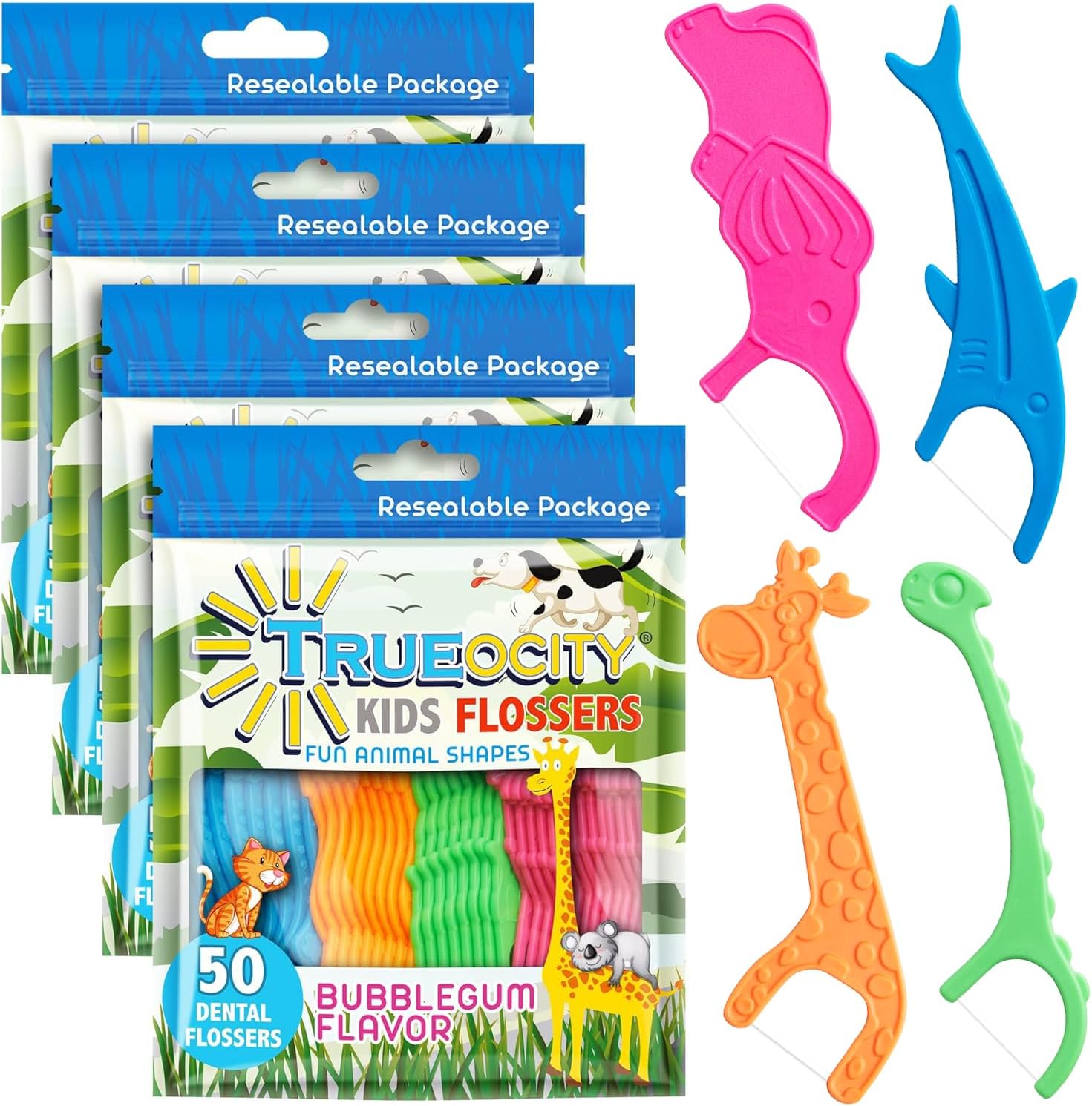 Kids Flossers 4 Pack (200 Count) â Fun Animal-Shaped Floss Picks for Kids, Bubble Gum Flavor, Easy Glide Between Teeth, Helps Prevent Tooth Decay & Gum Disease