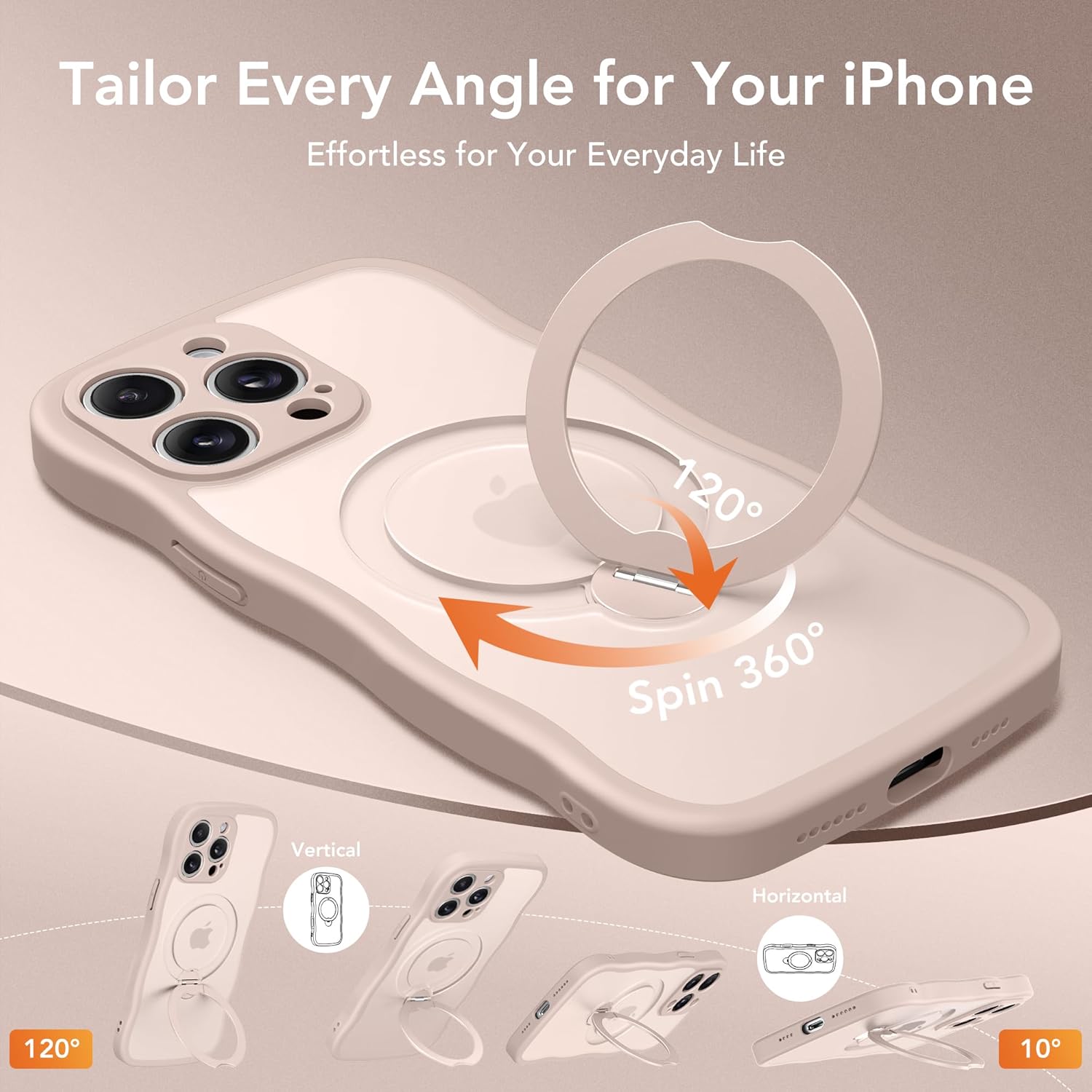 for iPhone 14 Pro Case for Women,[Compatible with Magsafe][360° Spin Magnetic Stand][Cute Wave Edge][Military-Grade Protection] Translucent Matte Phone Case for iPhone 14 Pro, Rose Gold - Image 3