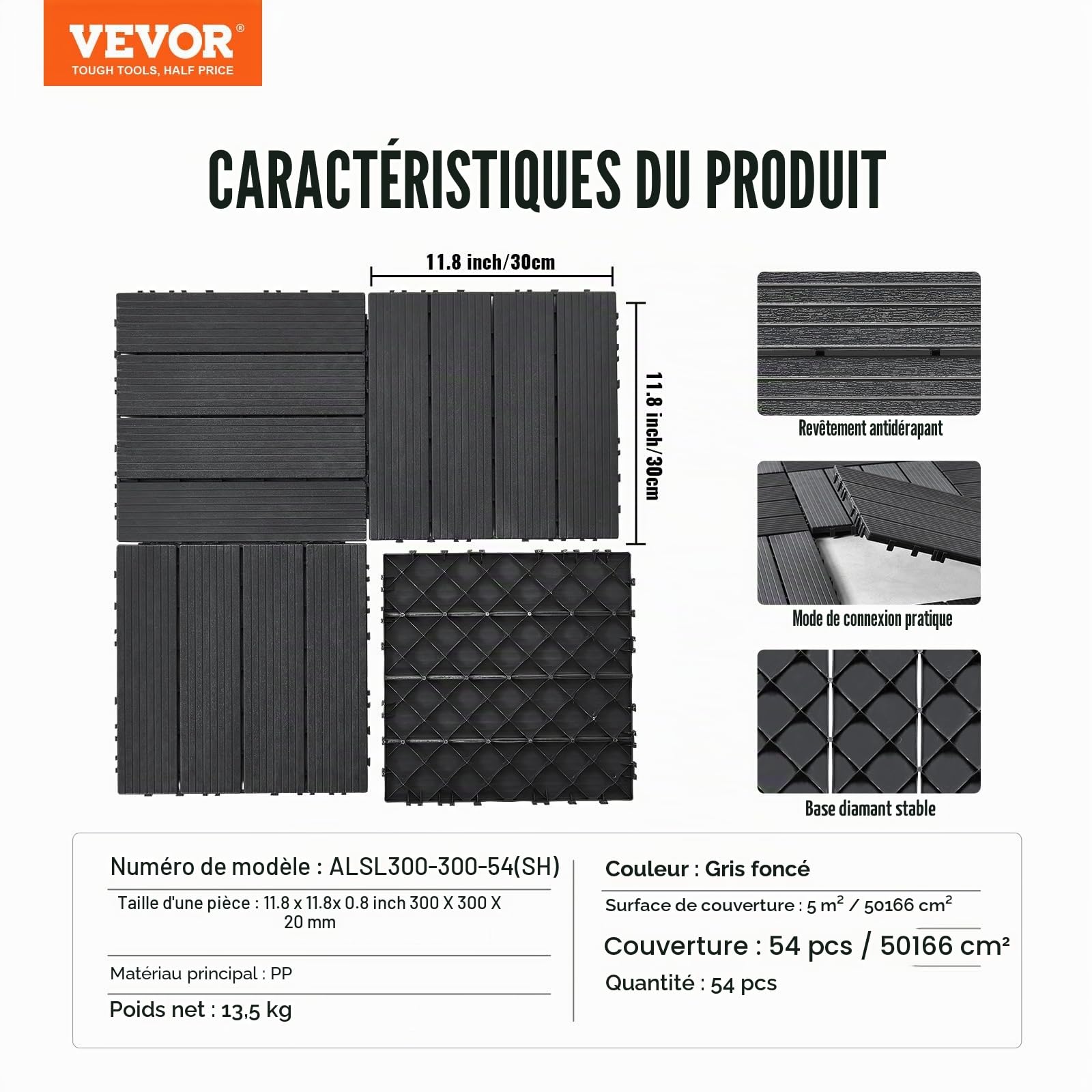 VEVOR Dalles de Terrasse Emboîtables, Lot de 54, Revêtement de Sol Plastique Imperméable, 300 x 300 mm, 50166 c㎡, Utilisation par Tous les Temps, pour Porche, Piscine, Balcon, Arrière-cour, Gris Foncé
