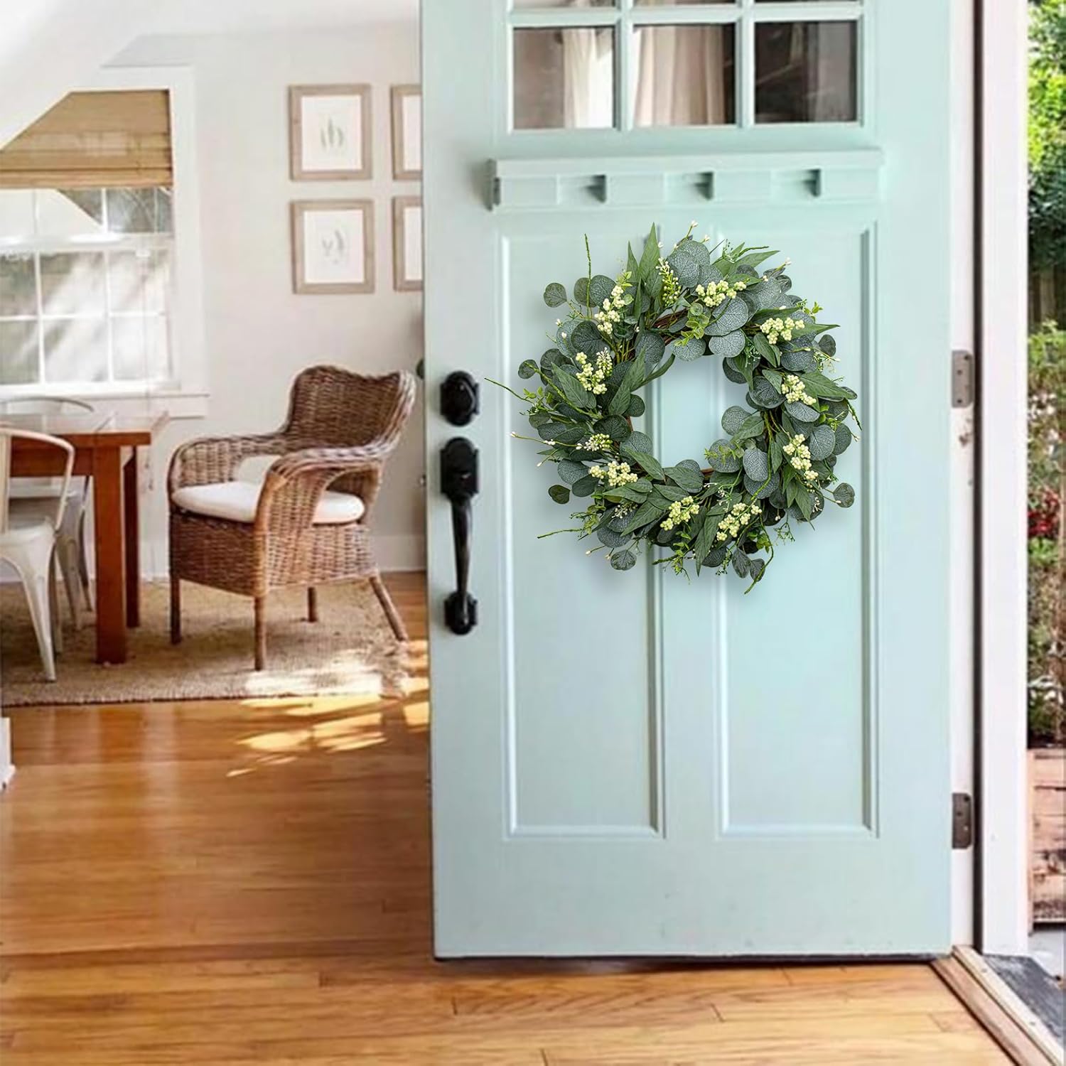 22 Inch Artificial Green Eucalyptus Wreath All Season Wreaths for Front Door with White Berries Spring Summer Fall Winter Decor for Porch, Wall, Farmhouse - Image 3