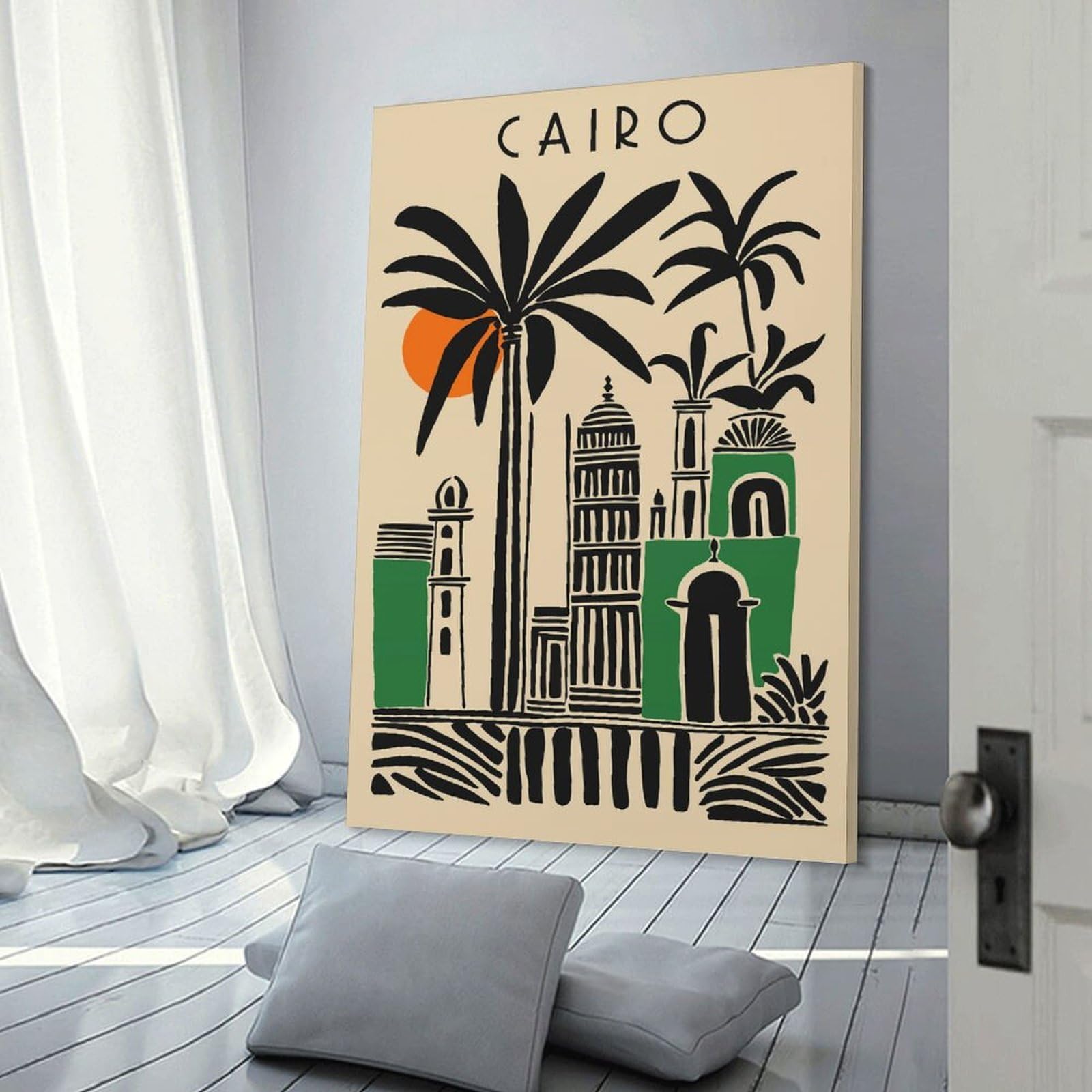 Junmoney Room Decor Wall Art Cairo Illustration with Palm Trees And Buildings, 24x36inch(60x90cm), for Home Lounge, Bedroom Or Reading Nook, Eye Catching Artwork for Blank Walls