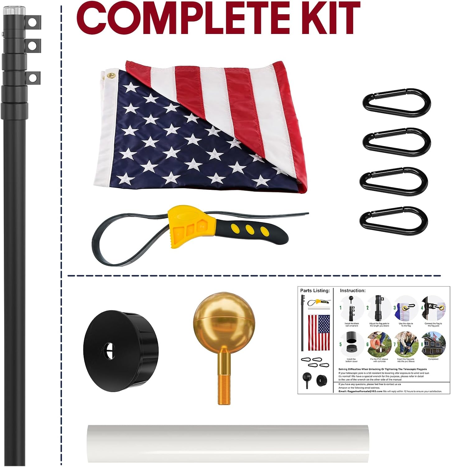 20FT Telescoping Flag Pole for Outside House, Extra Thick Telescopic Flagpole with USA Flag, Inground Outdoor Use, Camper RV, Residential & Commercial, Complete Hardware & Aluminum Top Ball (Black) - Image 4