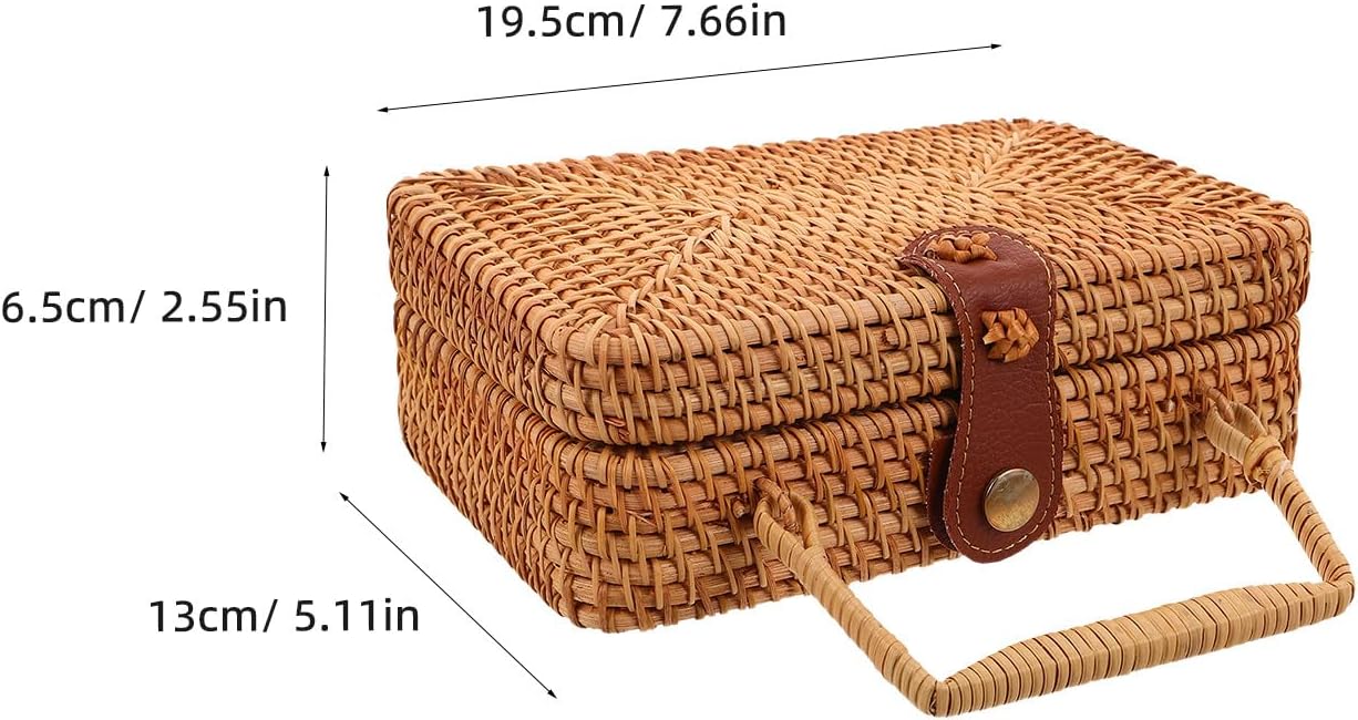 Rattan Bag Summer Beach Tote Woven Wicker Basket Vacation Purse with Pu Button Boho Handbag Handmade Clutch for Women Travel Outdoor Picnic Rectangle