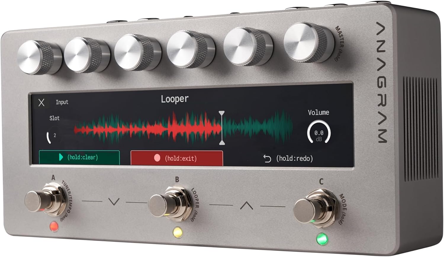 Angolato view of the Darkglass Anagram unit, showing the touch display in looper mode.