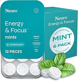 Neuro Energy & Focus Mints - Sugar Free Breath Mints with 80mg Natural Caffeine, B Vitamins & L-Theanine - Vegan Brain Supplement for Exercise, Study & Daily Focus - Wintergreen, 72 ct