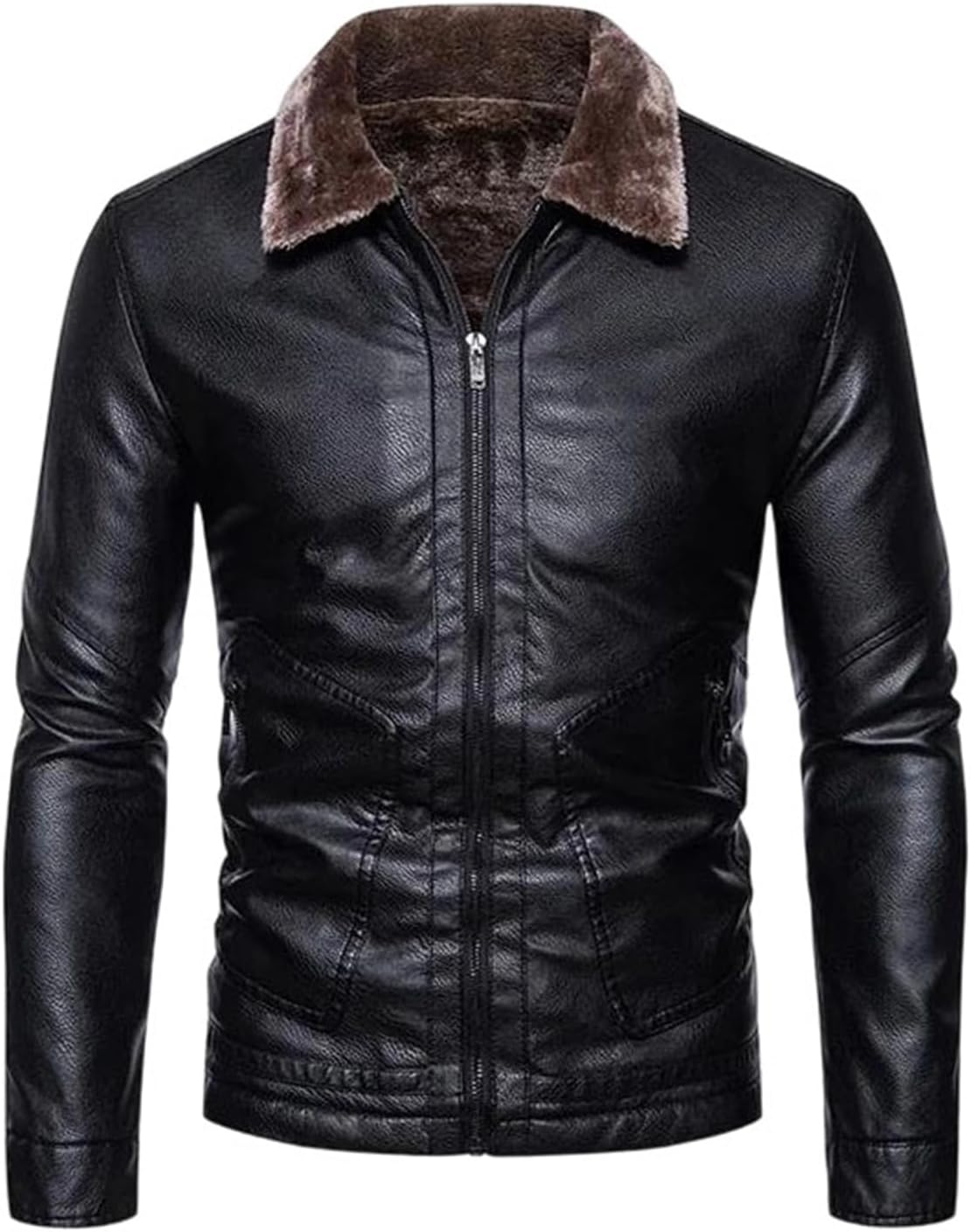 Men's Faux Leather Jacket Warm Lined PU Coat Thick Business Casual Outerwear Winter Fashion Faux Fur Collar Jacket