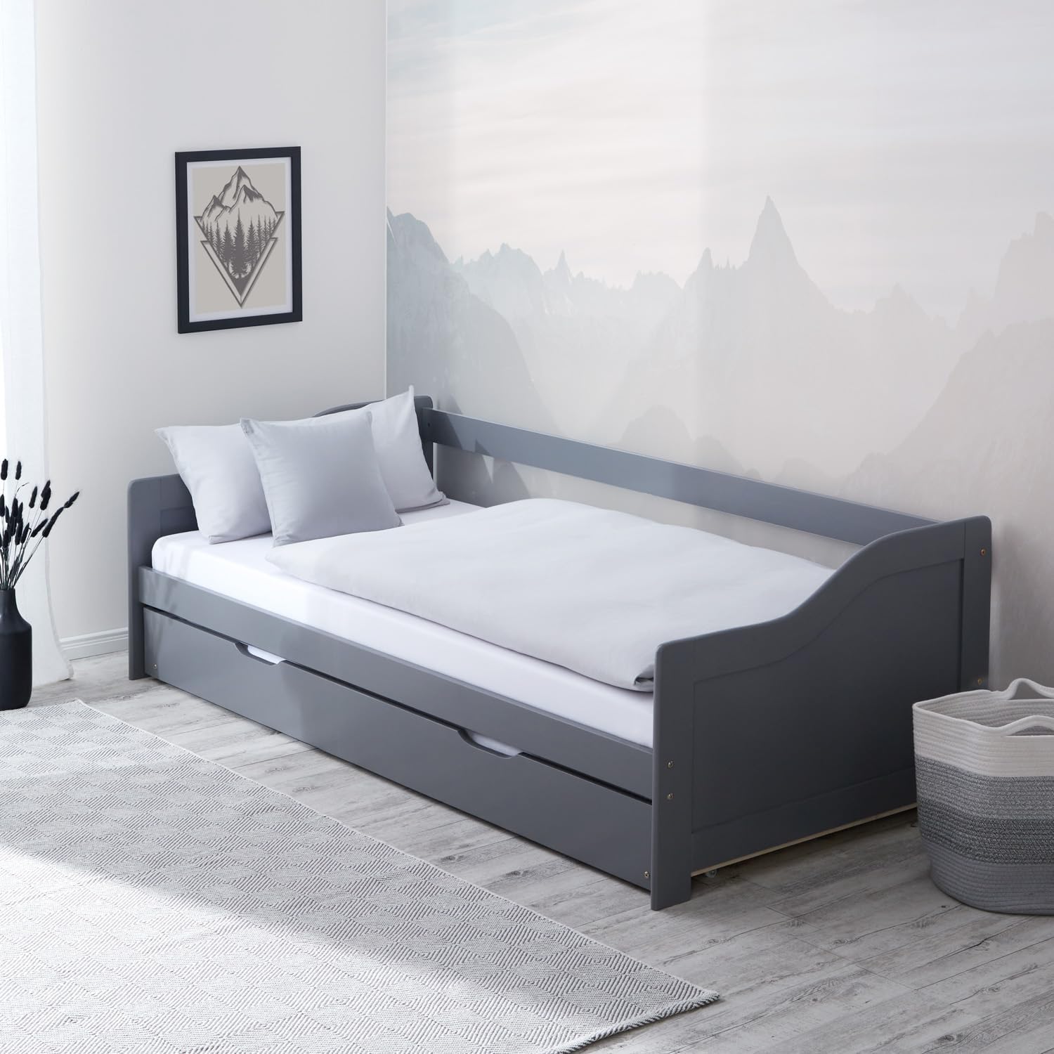 Homestyle4u Bunk Bed 90 x 200 cm Extendable Single Bed Wood Gray Pine with Slated Frame and Bed Box Wooden Bed Daybed