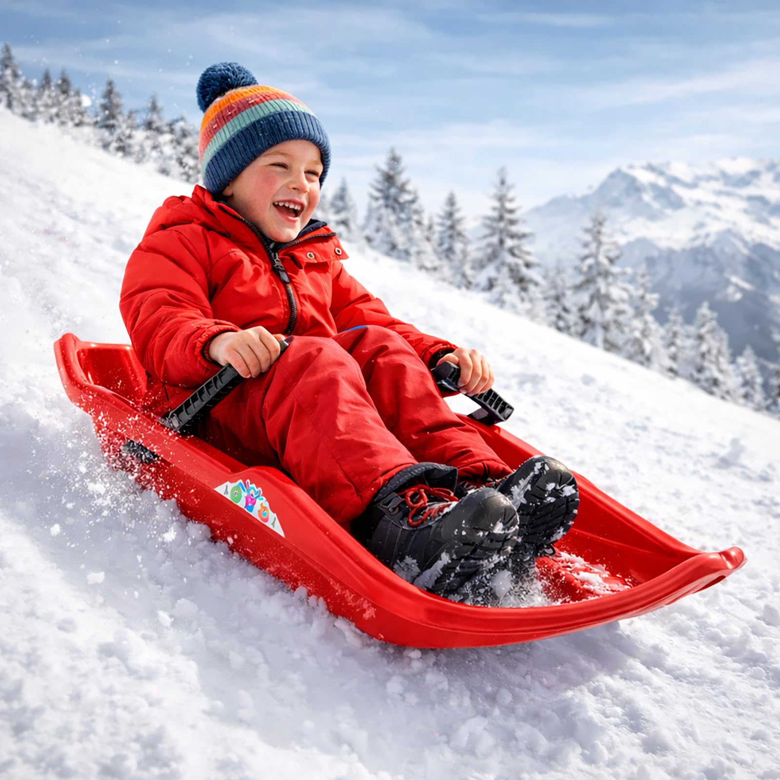 Schlitten Twister mit Bremsen 80 cm Kinderrodel Rot Antirutsch Winterspaß | Handbremsen, Schlittenleine, bis 50 kg belastbar, ab 3 Jahren, robuster Kunststoff, leicht lenkbar, Winterspaß, langlebig