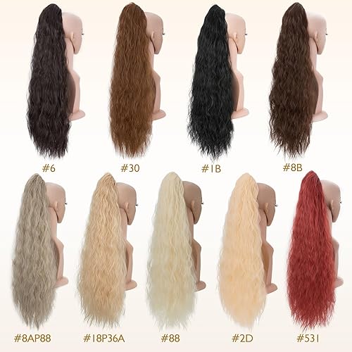 Miniatura 7 de Benehair Extensión de cola de caballo sintética de 32 pulgadas de largo, rizado y ondulado, con cordón, extensiones de cabello castaño liso y suave,