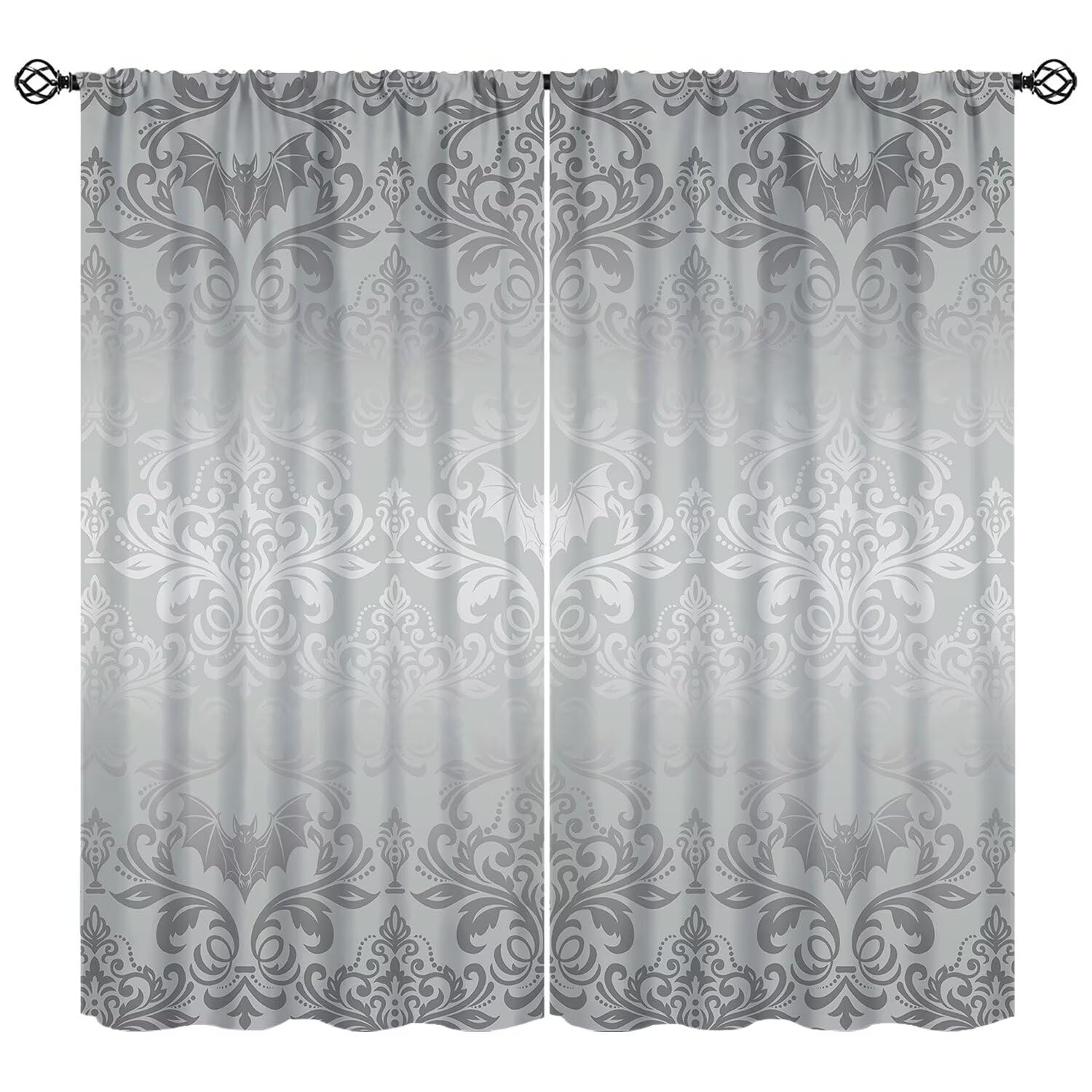 moderw Damask Gothic Vintage Curtains Antique Silver Floral Victorian Goth Window Treatments for Bedroom Bat Bats Skull Bone Bohemian Blackout Window Drapes for Living Room W55xL63in