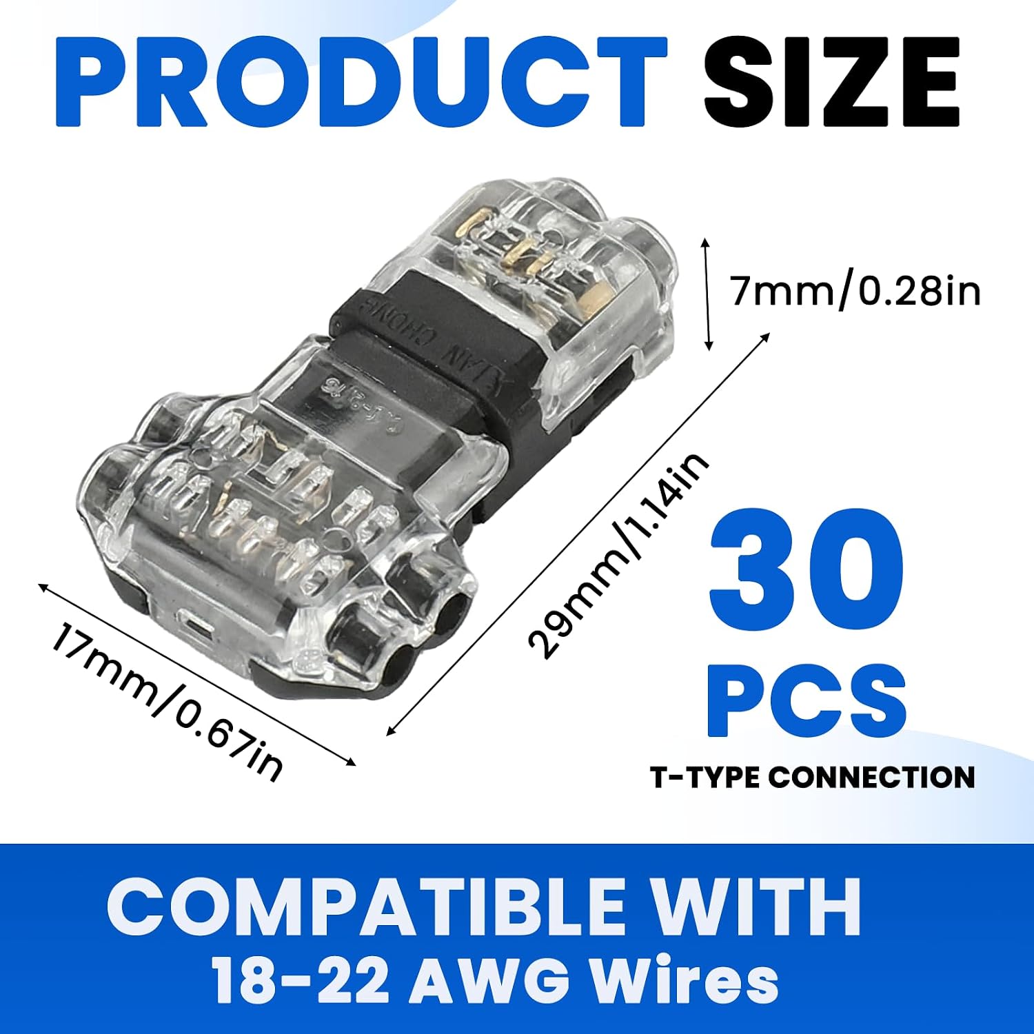 30PCS T Tap Wire Connectors for 18-22 AWG Wires, 3 Way 2 Pins Low Voltage Splice Connectors,Solderless No Wire Stripping Quick Wire Splitter Connectors, No Stripping Required