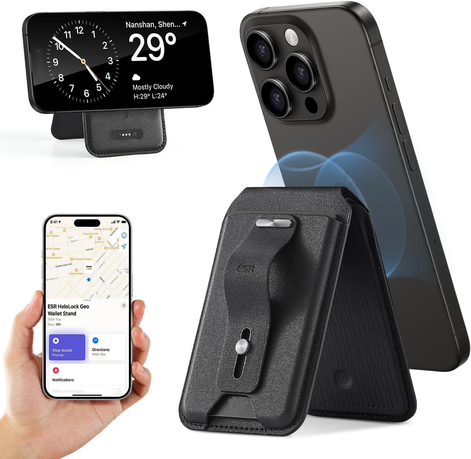 [ESR] MagSafe Compatible Card Case, Full Support "Find Out" HaloLock Geo Wallet Stand MagSafe Wallet with Adjustable Stand Wallet Tracker for iPhone 16/16Plus/16Pro/16Pro Max/15/14/13/12 Series, Not