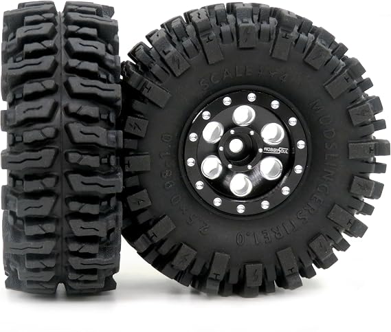 HOBBYSOUL 64mm tall 1.0 mud slingers tires and Adjustable Offset 1.0 beadlock wheels, 1.0 tires Heavy 1.0 beadlock wheels Rims For RC Crawler 1/24 SCX24 1/18 TRX4M Upgrade