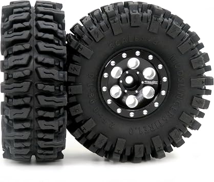 HOBBYSOUL 64mm tall 1.0 mud slingers tires and Adjustable Offset 1.0 beadlock wheels, 1.0 tires Heavy 1.0 beadlock wheels Rims For RC Crawler 1/24 SCX24 1/18 TRX4M Upgrade