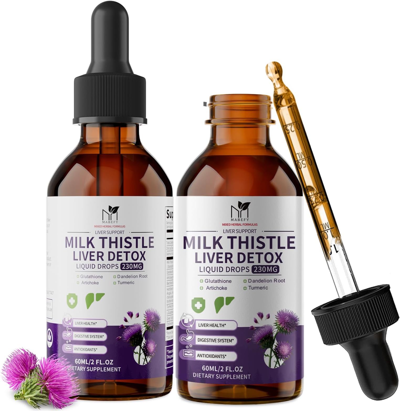 MABEFY Milk Thistle Liquid Drops 2 Pack – Liver Support Supplement with 80% Silymarin, Artichoke Leaf, Dandelion Root & Glutathione – Antioxidant Support – Vegan, Non-GMO, 4 Fl Oz
