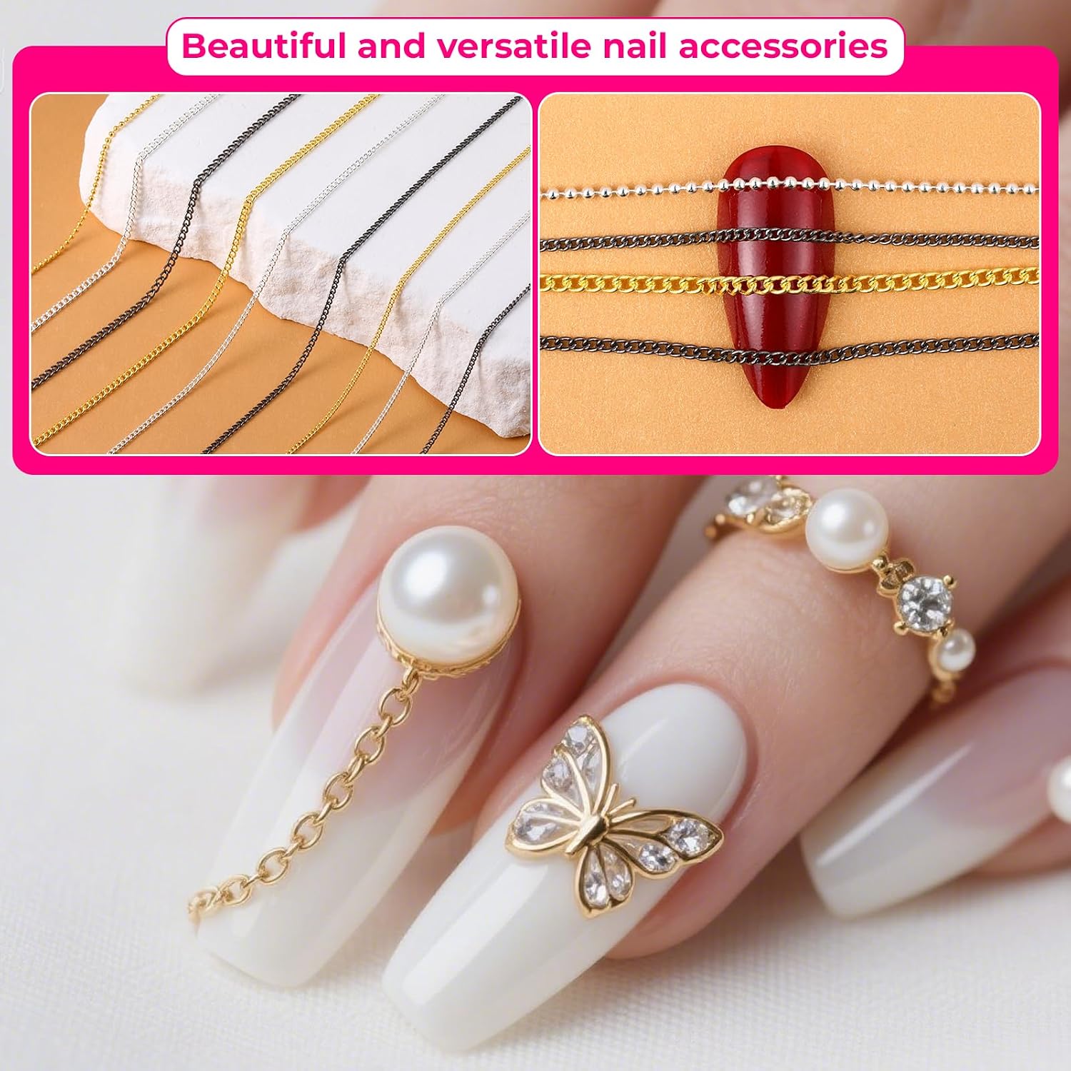 12 Strips Metal Nail Chain Charms, Metal Nail Art Chains 3D Gold Silver Gray Nails Chains with Box, Manicure Jewelry Chain Nails Decorations Charm for DIY Personality Manicure