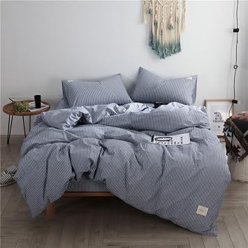 3-Piece 100% Washed Cotton Duvet Cover Simple Style Bedding Set with Zipper Closure - Ultra Soft and Easy Care, Full, Blue/White Stripe