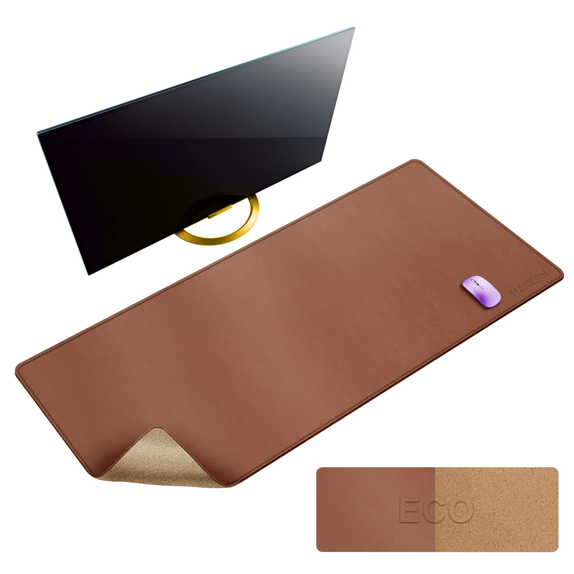 MAIDERN 47.2" x 23.6" XXL Cork & Leather Desk Mat, Full Desk Mouse Pad, Dual Sided, Gaming & Home Office (Brown)