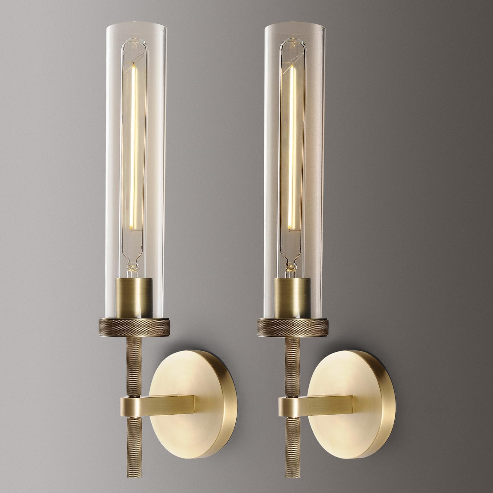 Brass Knurled Wall Sconce 20", Bathroom Wall Sconce Set of Two,Glass Tube Brass Sconces Wall Lighting,Bathroom Sconces Side of Mirror,Vanity Sconce Lights for Bath,Including E26 Light Bulbs