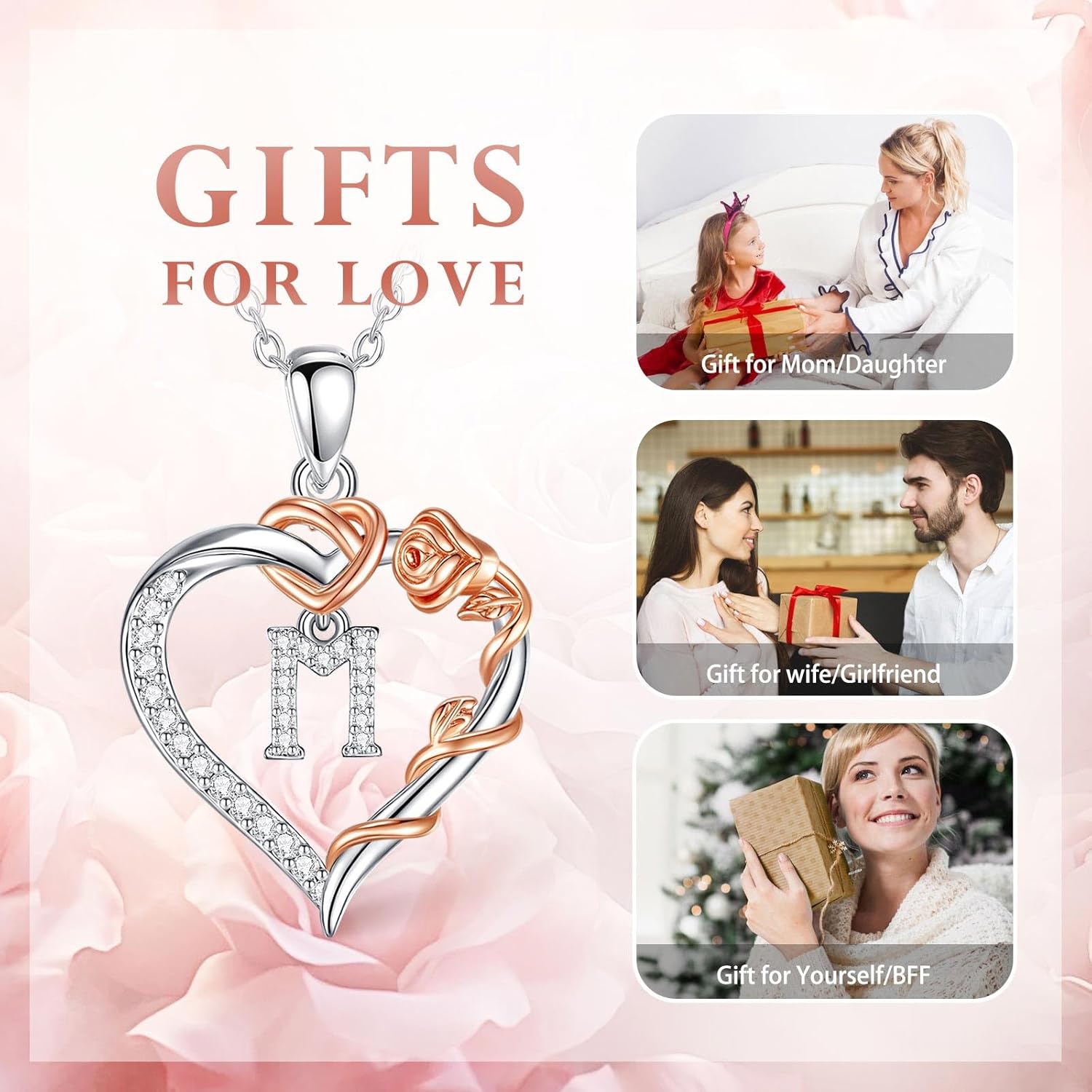 Vito Copper Silver Plated Initial Heart Necklace with Cubic Zirconia for Women, Rose Gold-Plated Flower Letter A to Z Pendant Heart Alphabet Personalized Jewelry Gifts, 18"+2" Stainless Steel O Link Chain - Image 7