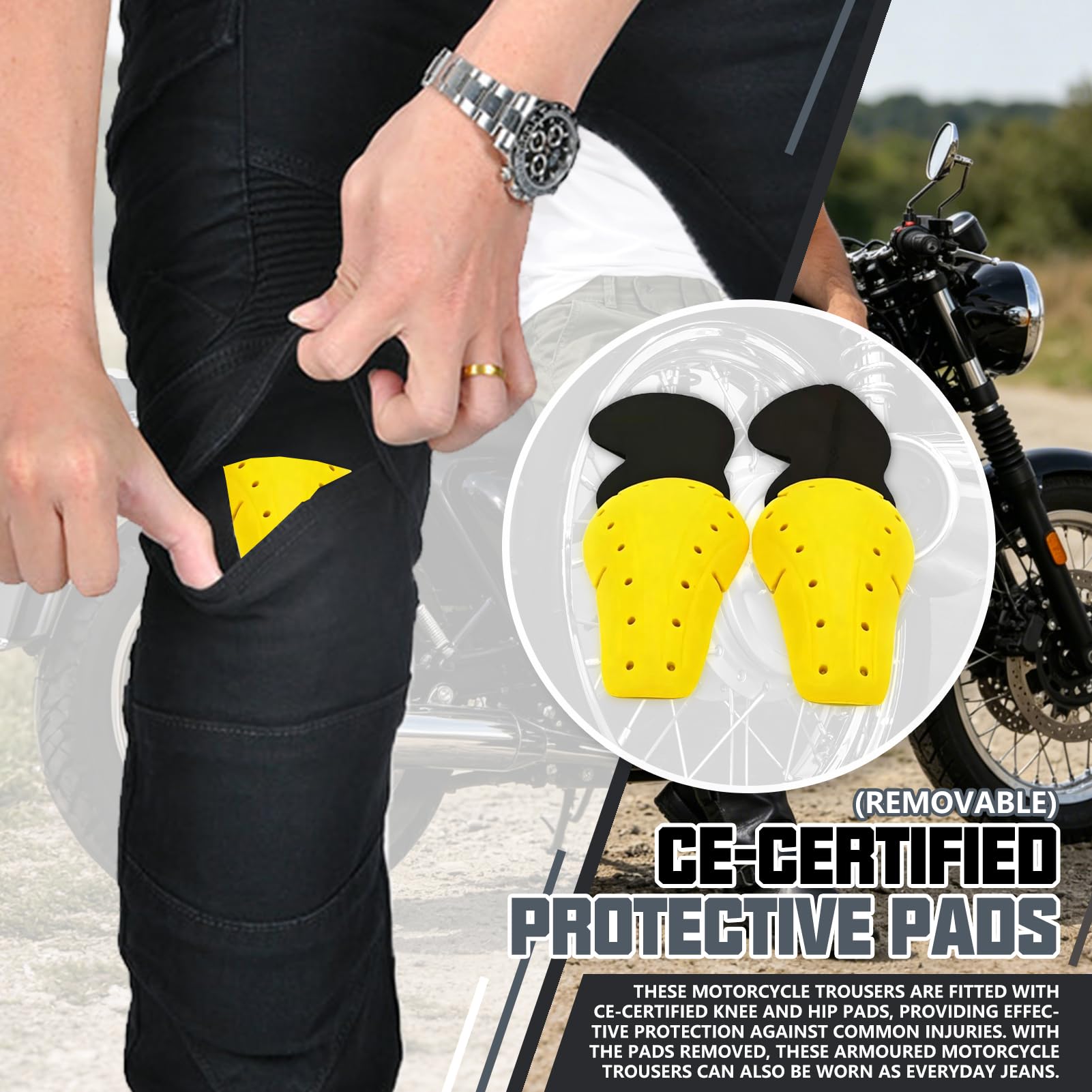 Herren Motorradhose, Motorrad-Sport-Denim-Schutzhose, Aramid-Schutzfutter, Herren-Reithose Mit Abnehmbarer Rüstung